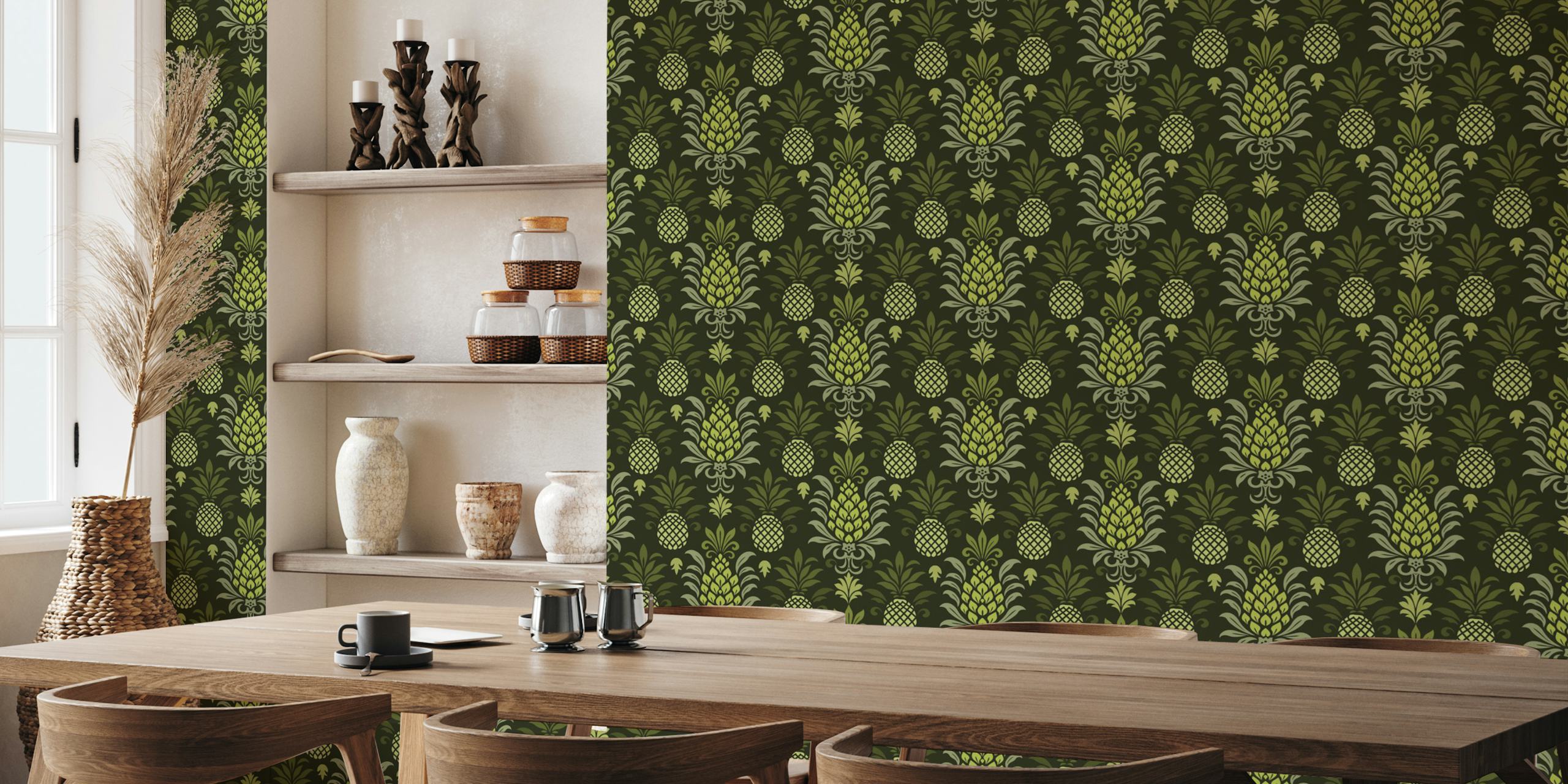 Vihreä Modern Monochrome Pineapple Chic Green -kuvio tapetti huoneessa