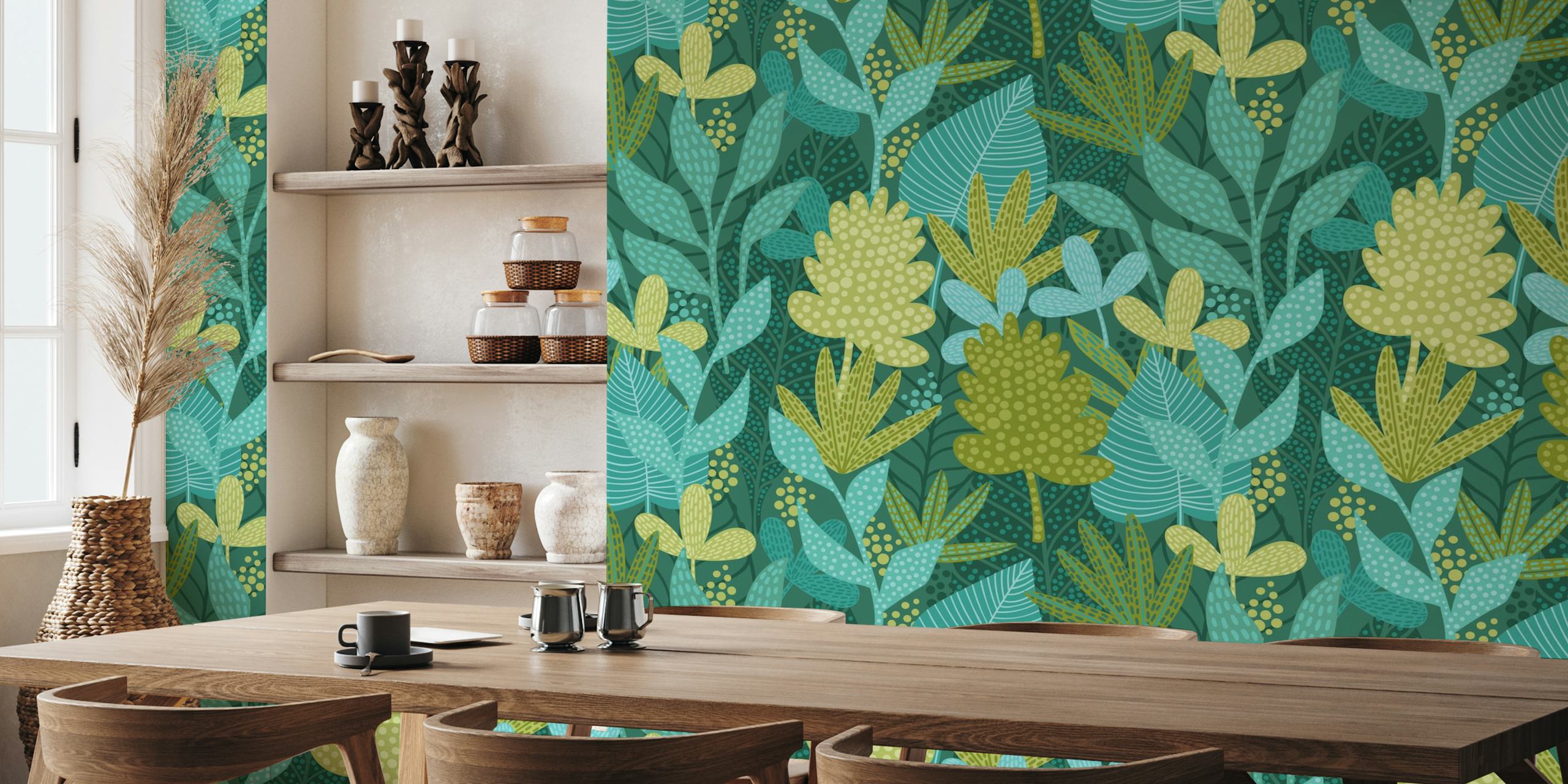 Green leaves and plants in various shades and textures wallpaper