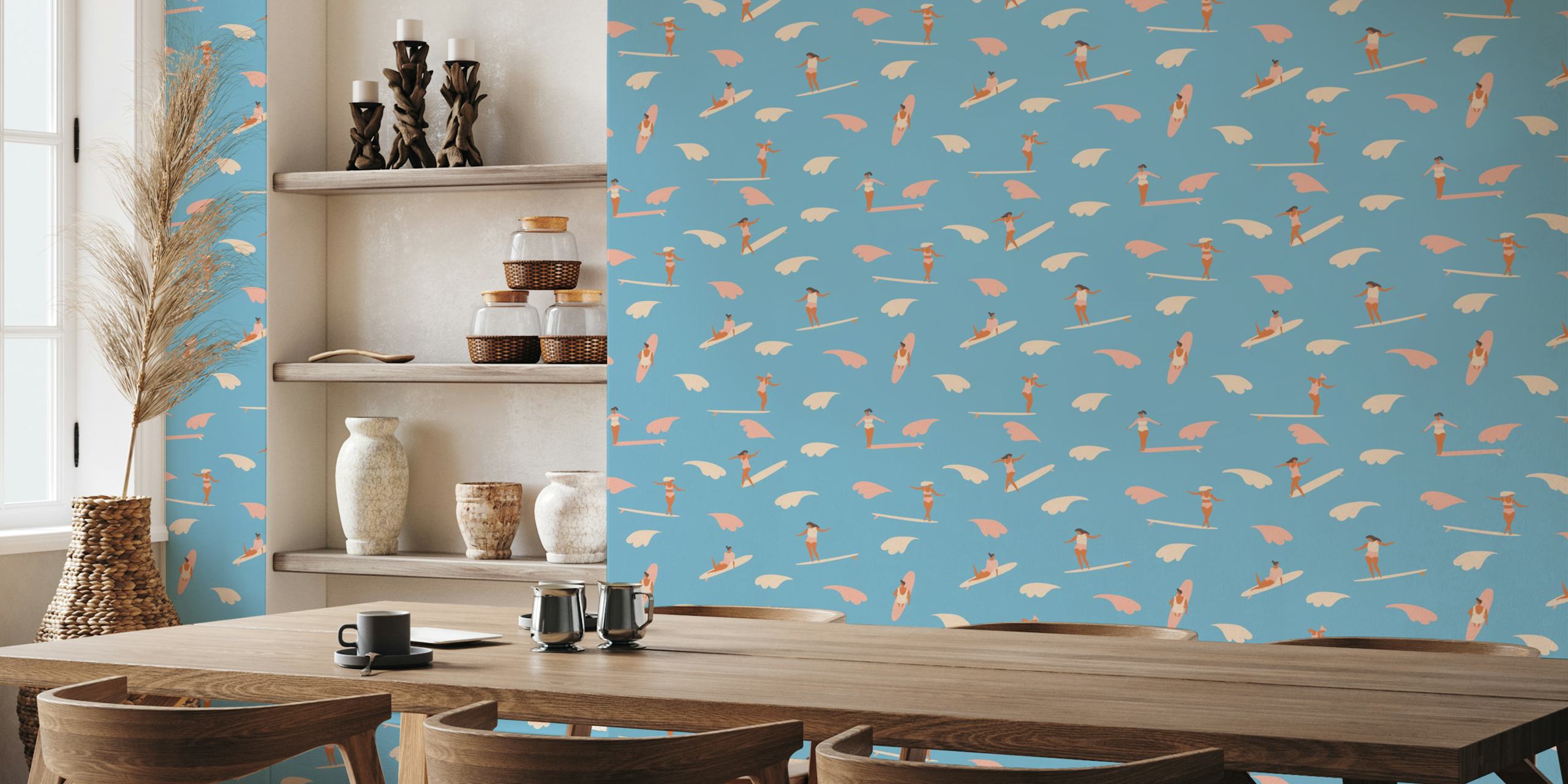 Surfers and waves in blue wallpaper design