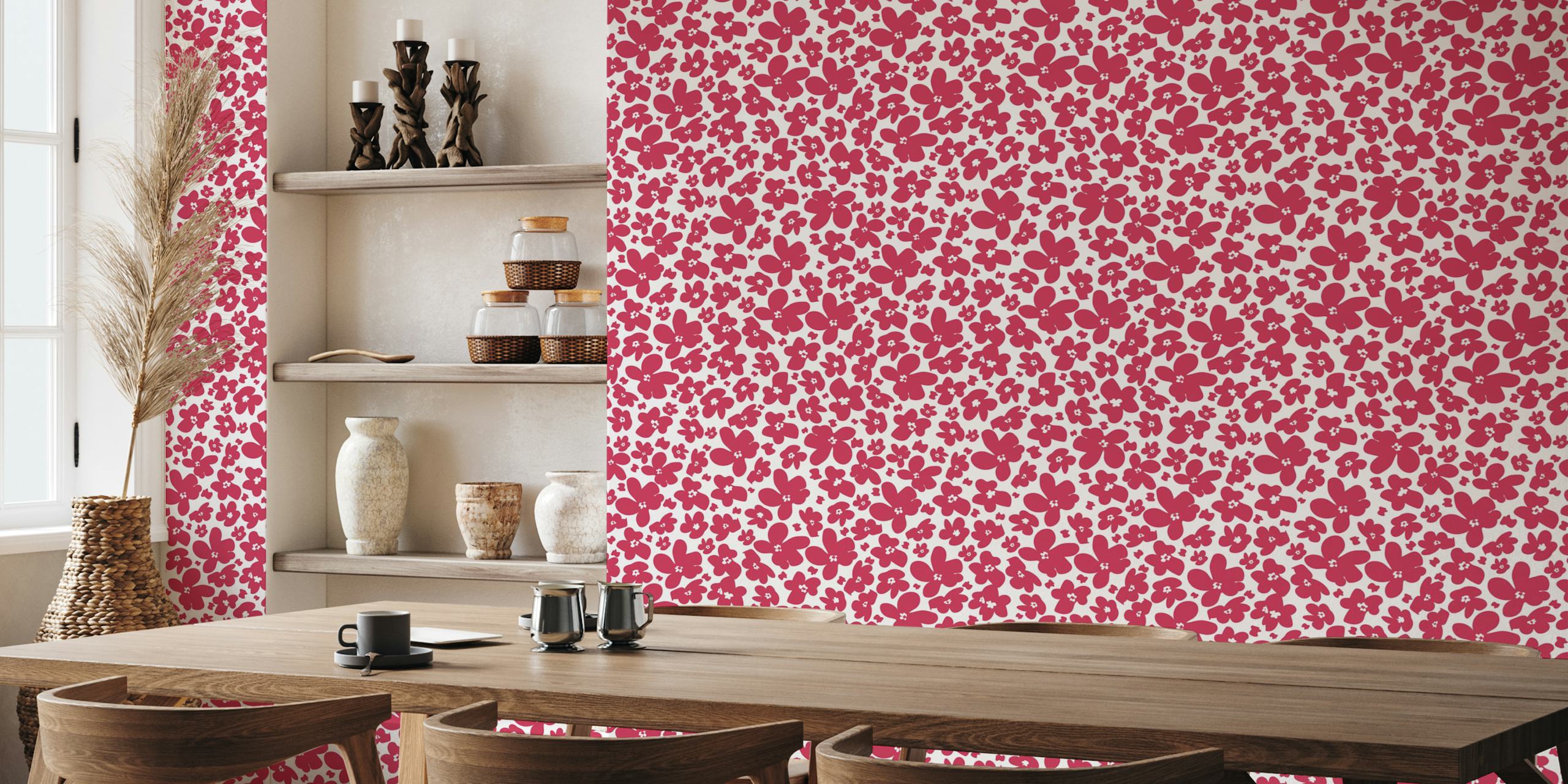 White background with magenta flower patterns; floral wallpaper.