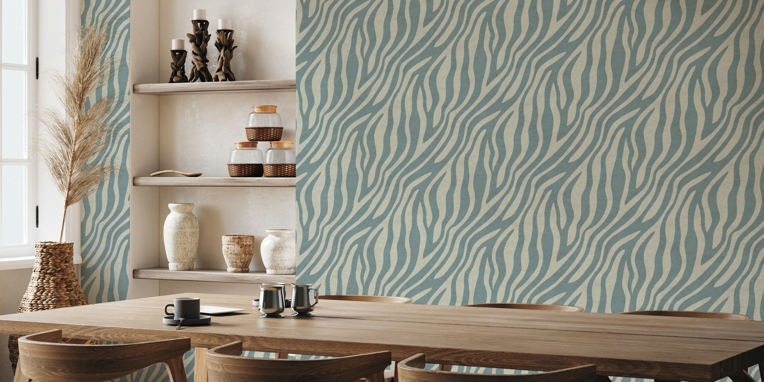 Mural de pared de rayas de cebra azul y beige para un diseño de interiores contemporáneo