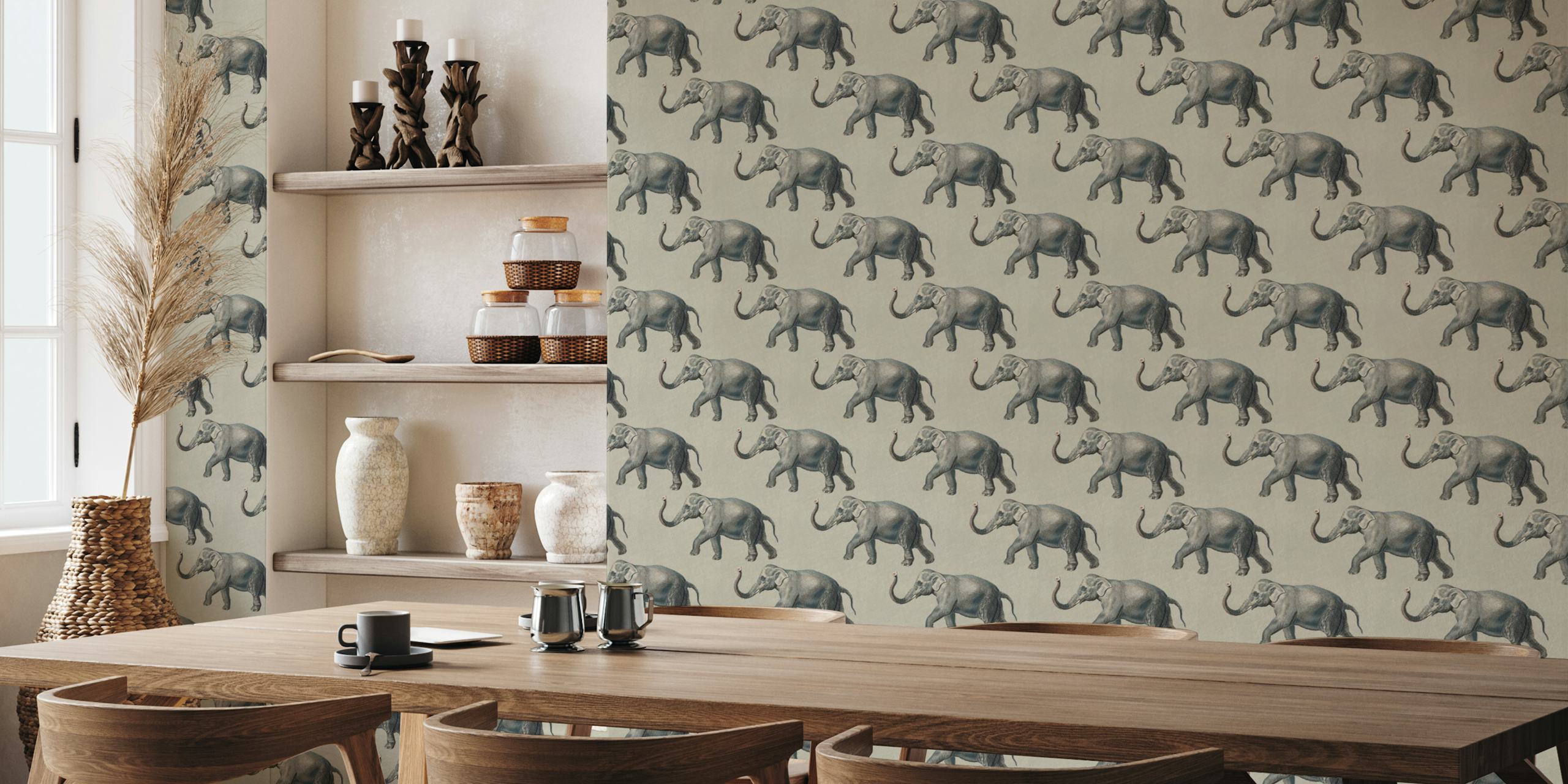Vintage Elephant Pattern Wall Mural depicting elephants on a beige linen texture background