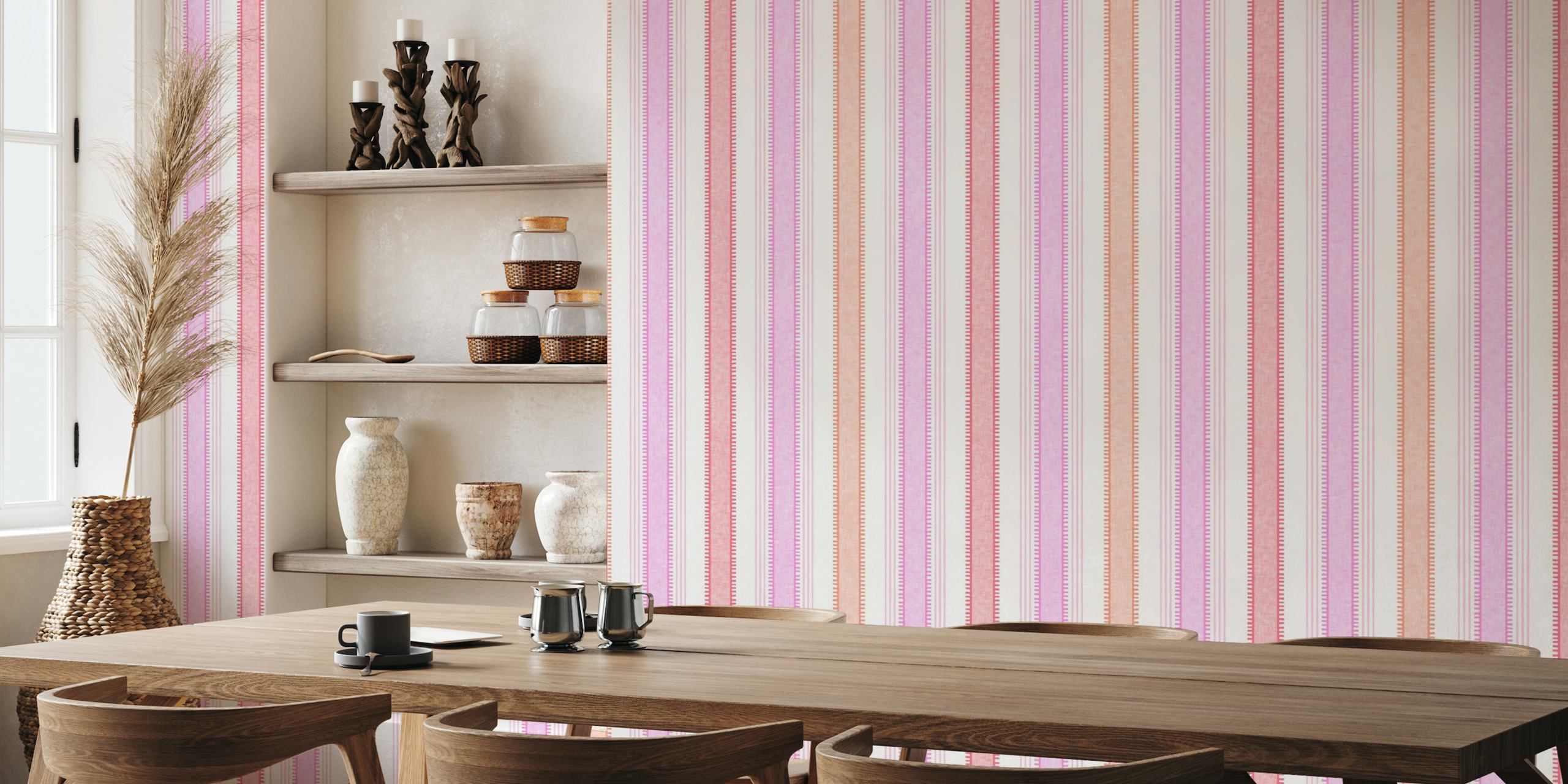 Vibrant pink and white French ticking stripe wall mural