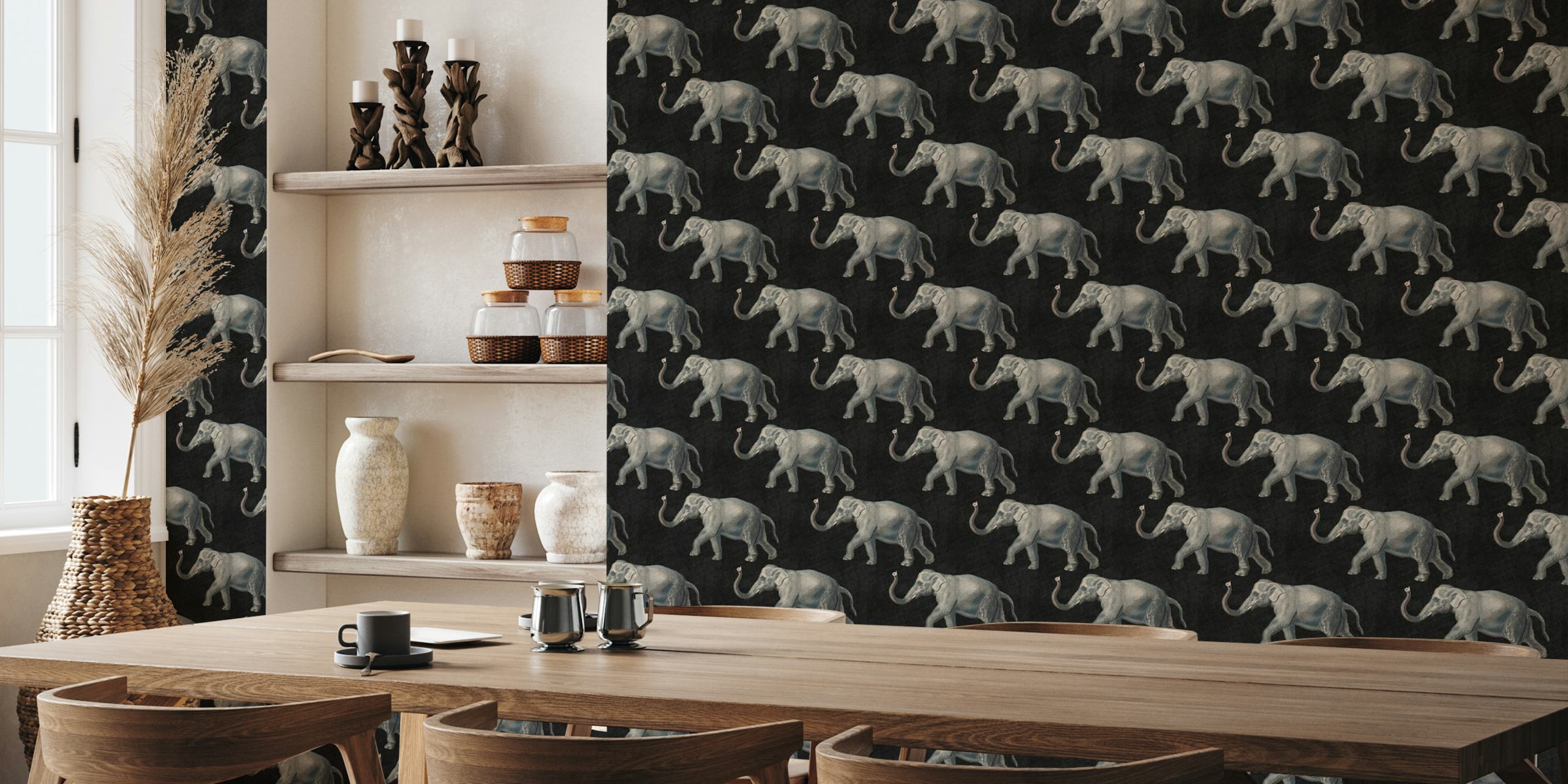 Vintage elephant pattern on black background wallpaper