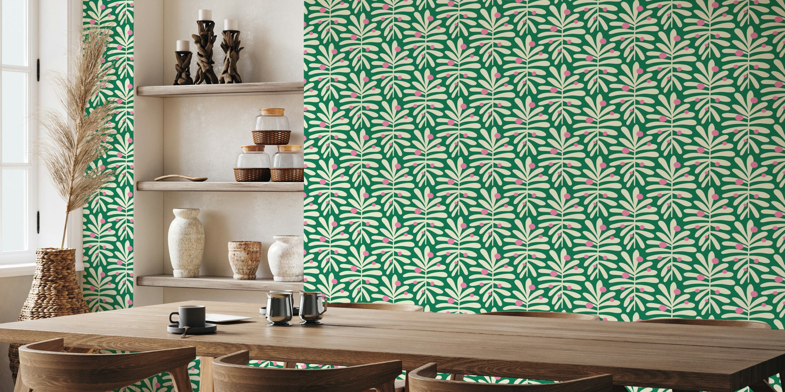 Hand drawn leaves with pink accents on green background wallpaper