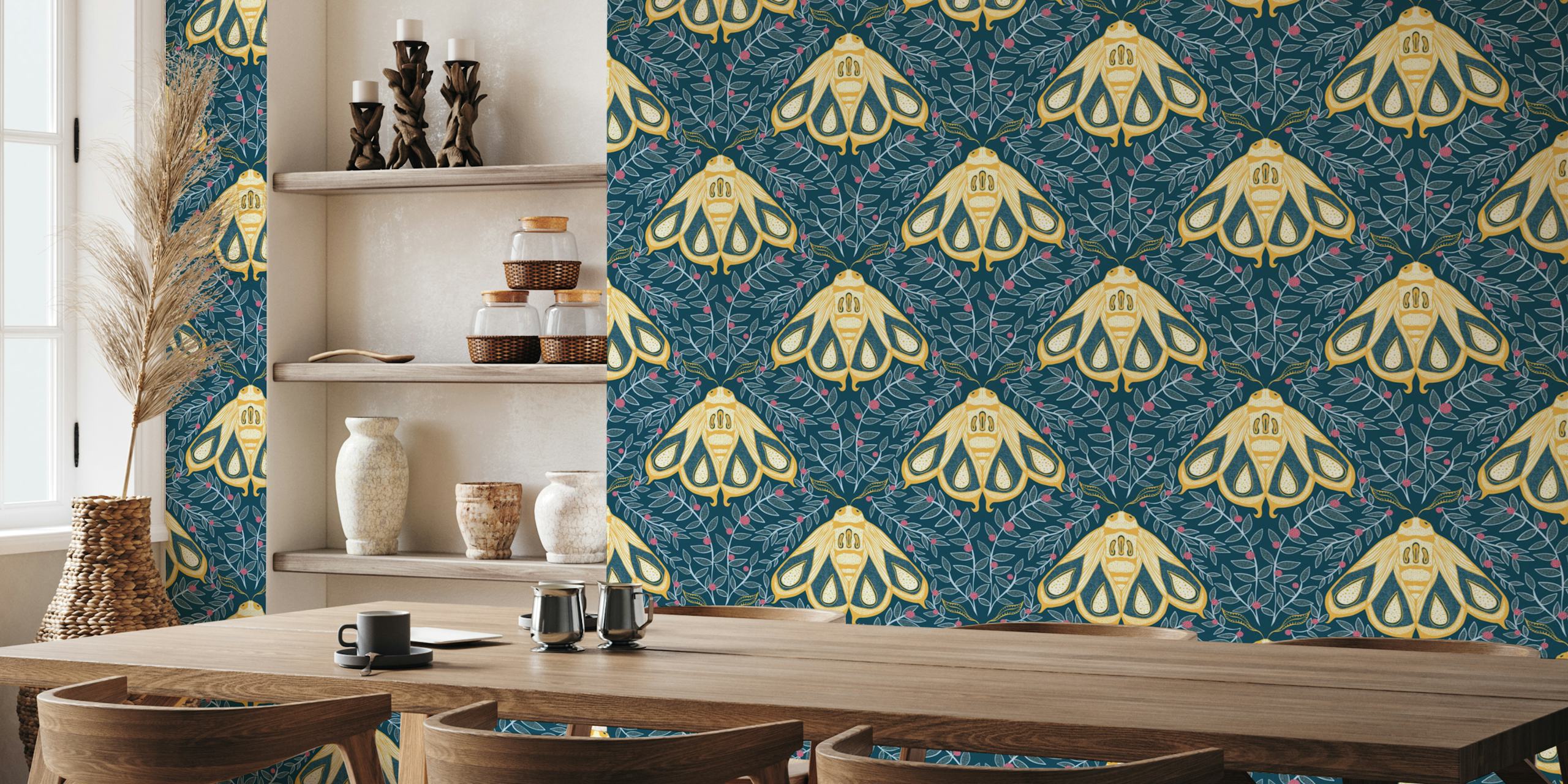 Golden moths wallpaper design in a room