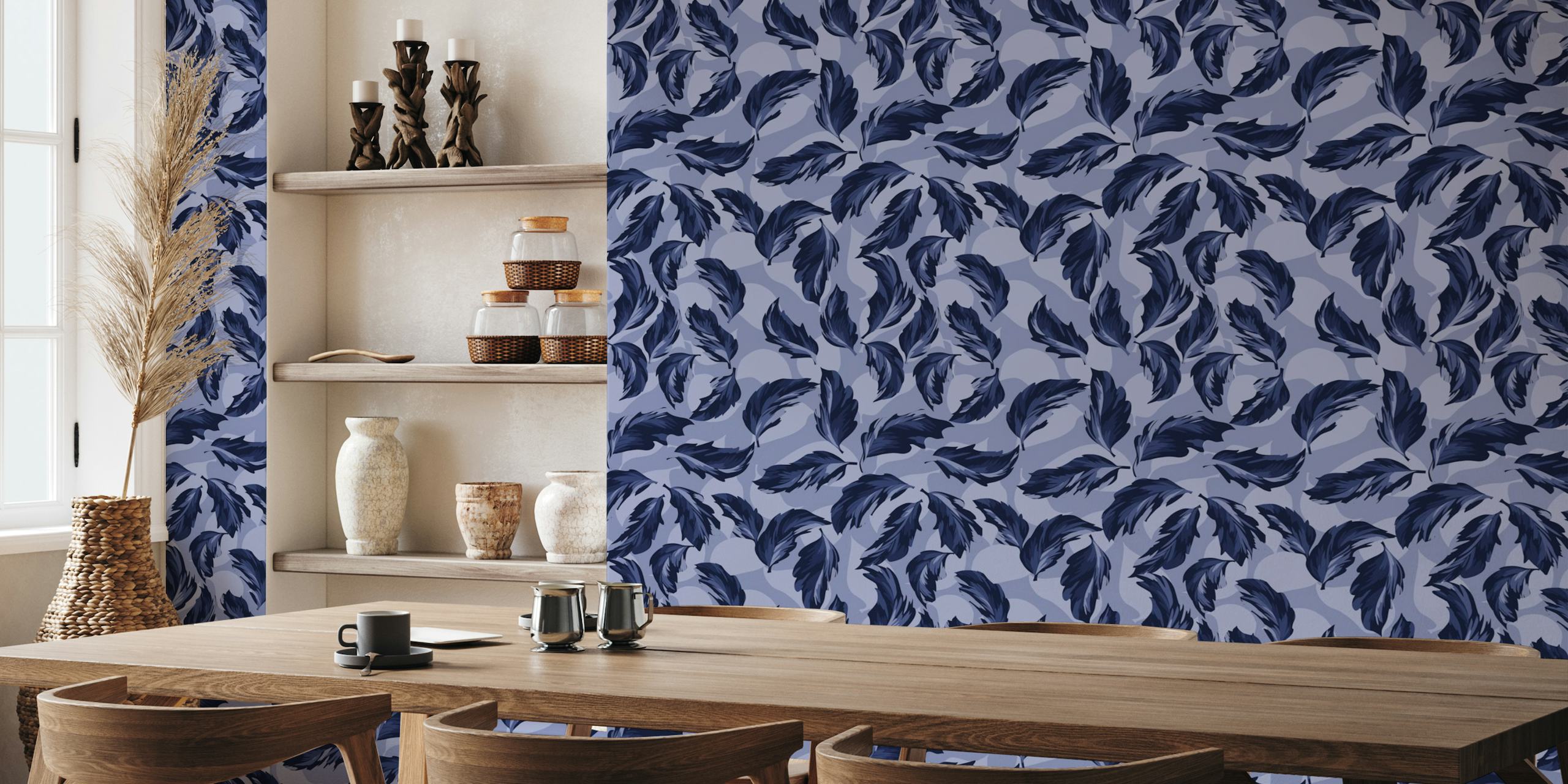 Blue leaves pattern matching to Blue butterflies wallpaper