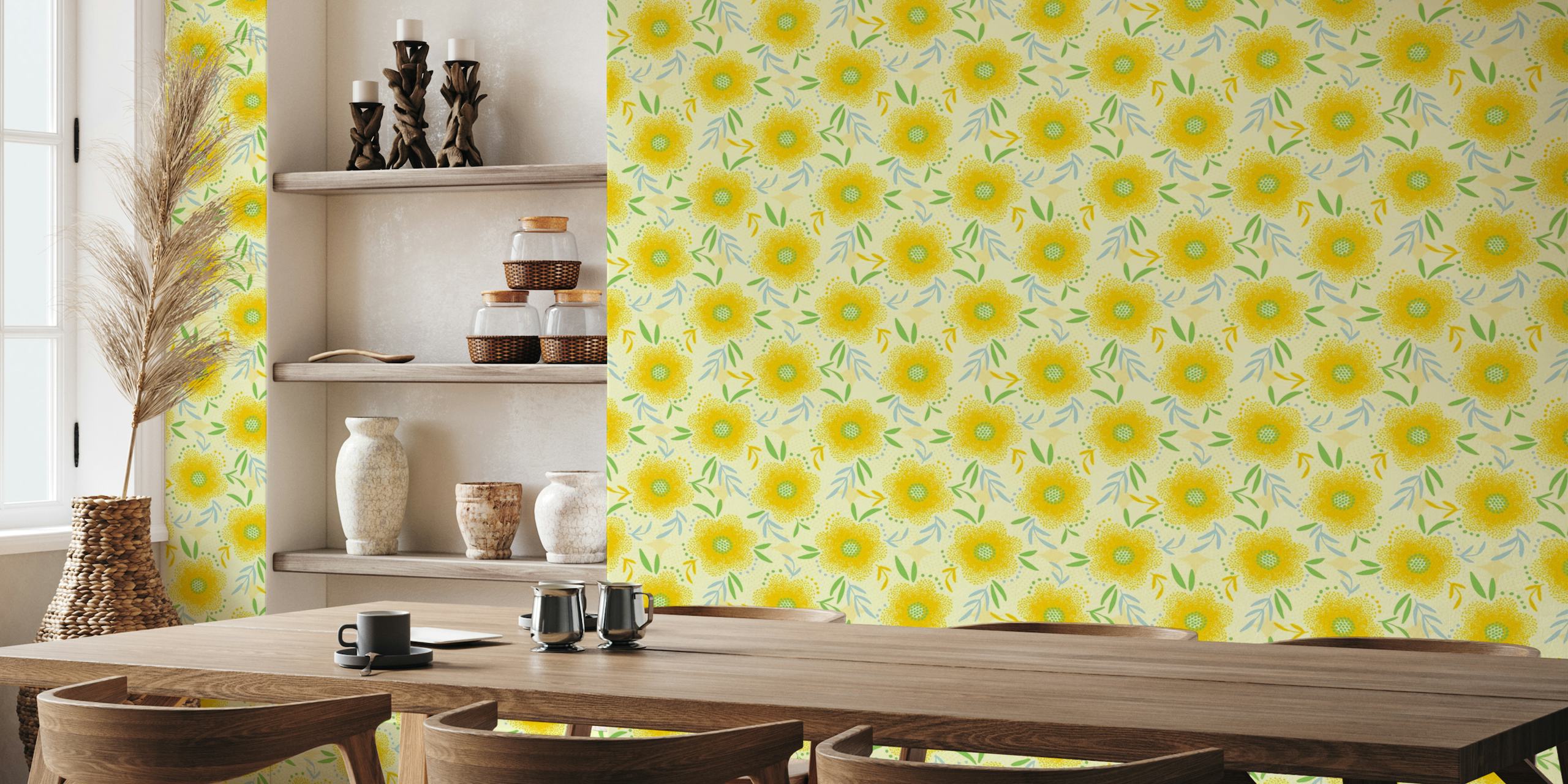 Kirkkaan keltainen ja vihreä boho-tyylinen kukka-seinämaalaus osoitteesta happywall.com