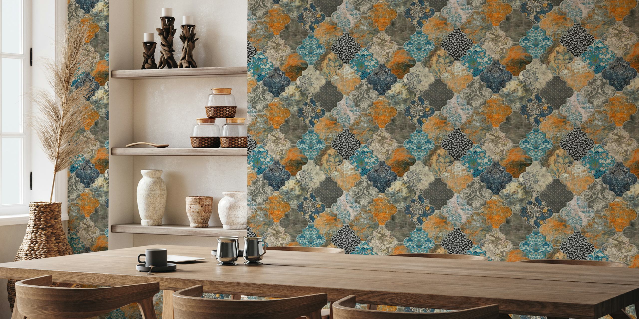 Moroccan Tiles Wall Mural in Orange and Blue with Large Pattern Design