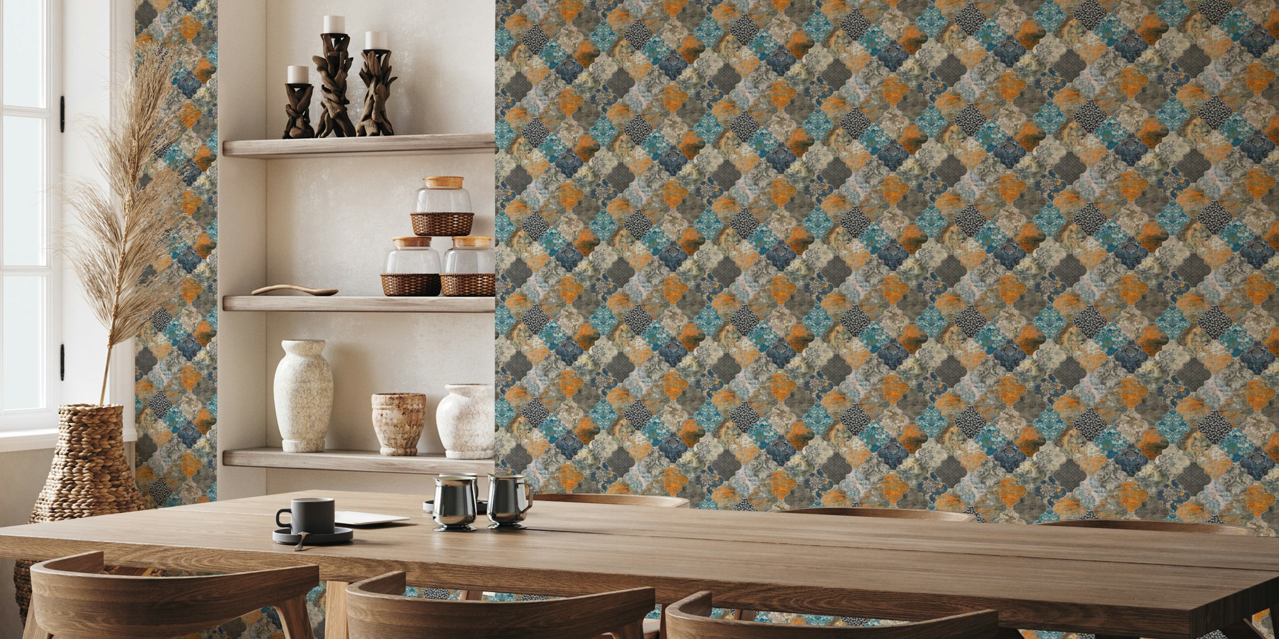 Ταπετσαρία Moroccan Tiles Orange Blue σε ένα δωμάτιο