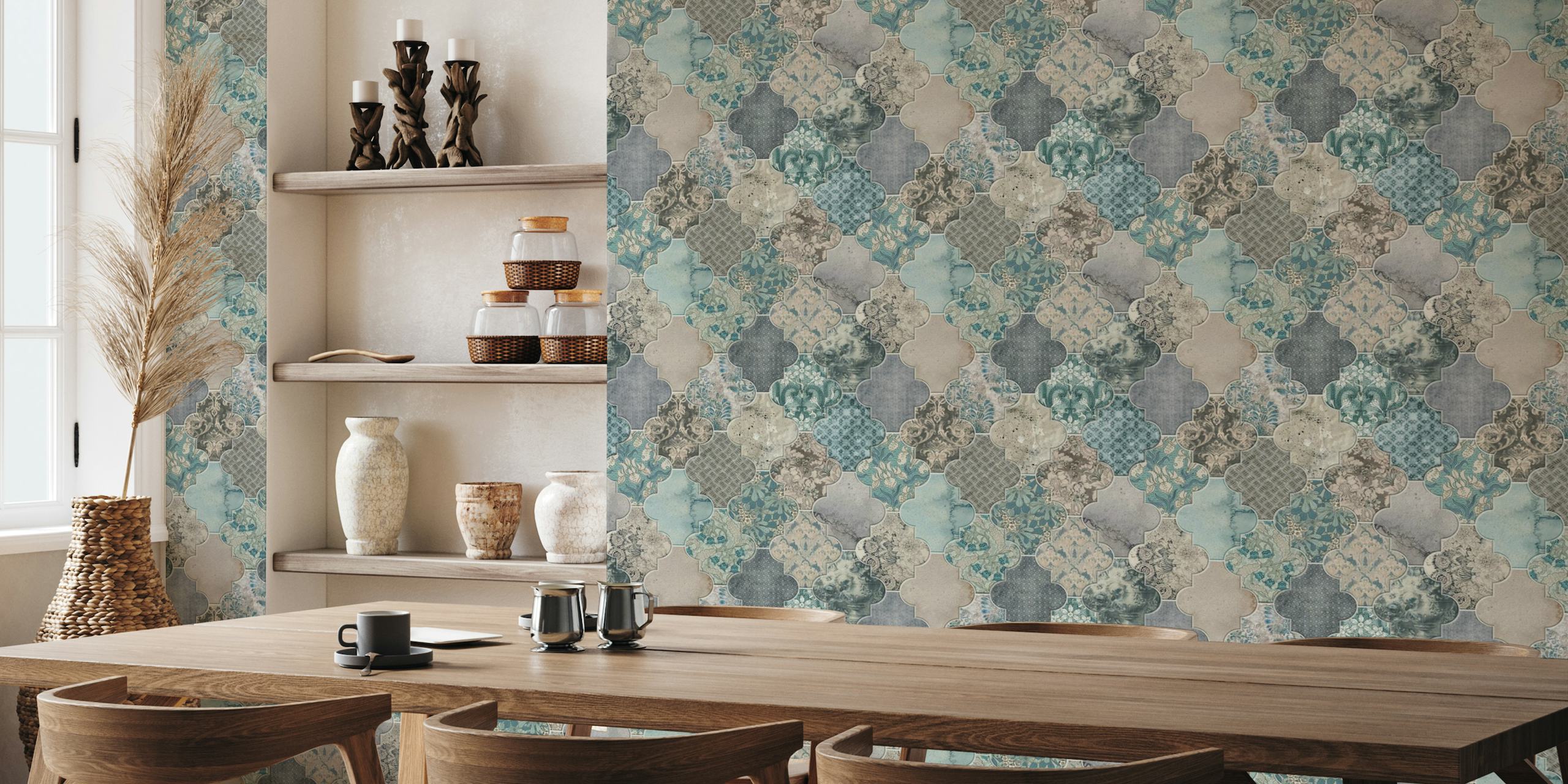 Moroccan Tiles Pattern Wall Mural in Duck Egg Blue and Grey