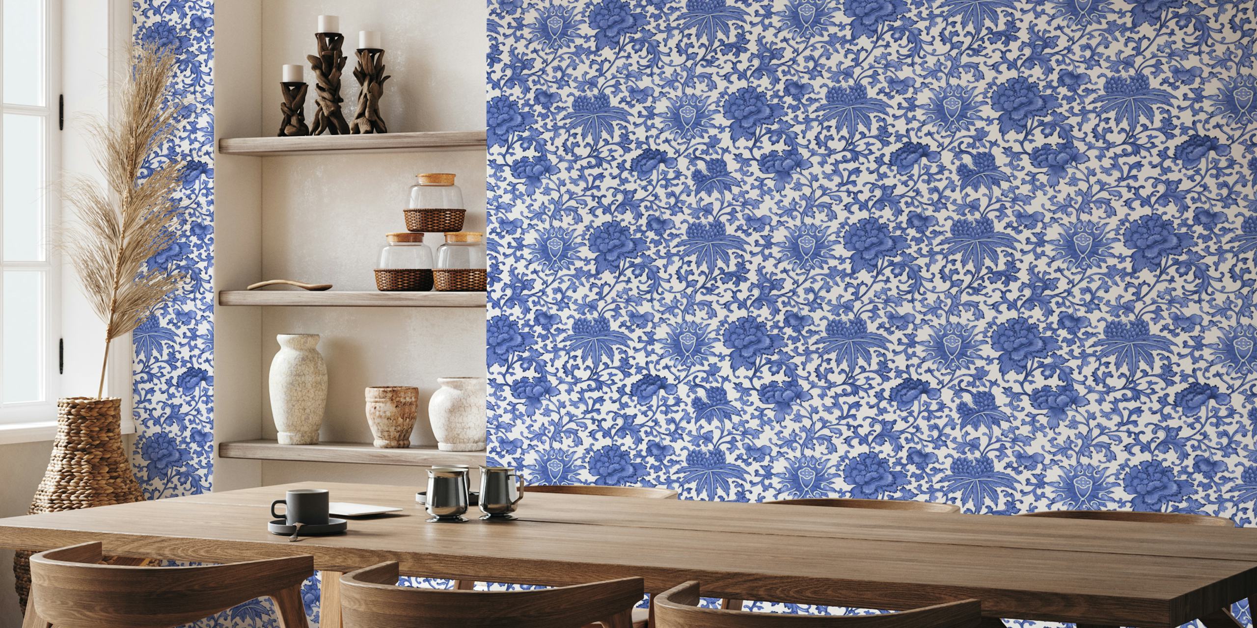 Vintage Blue Chinoiserie Floral Wallpaper