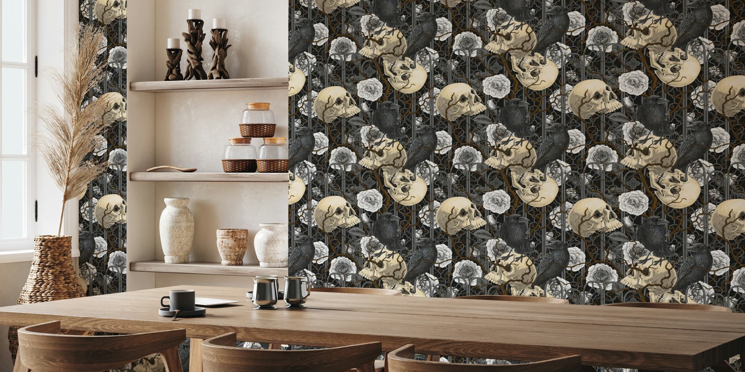Gothic wall mural with raven, skulls, and white roses on a black background