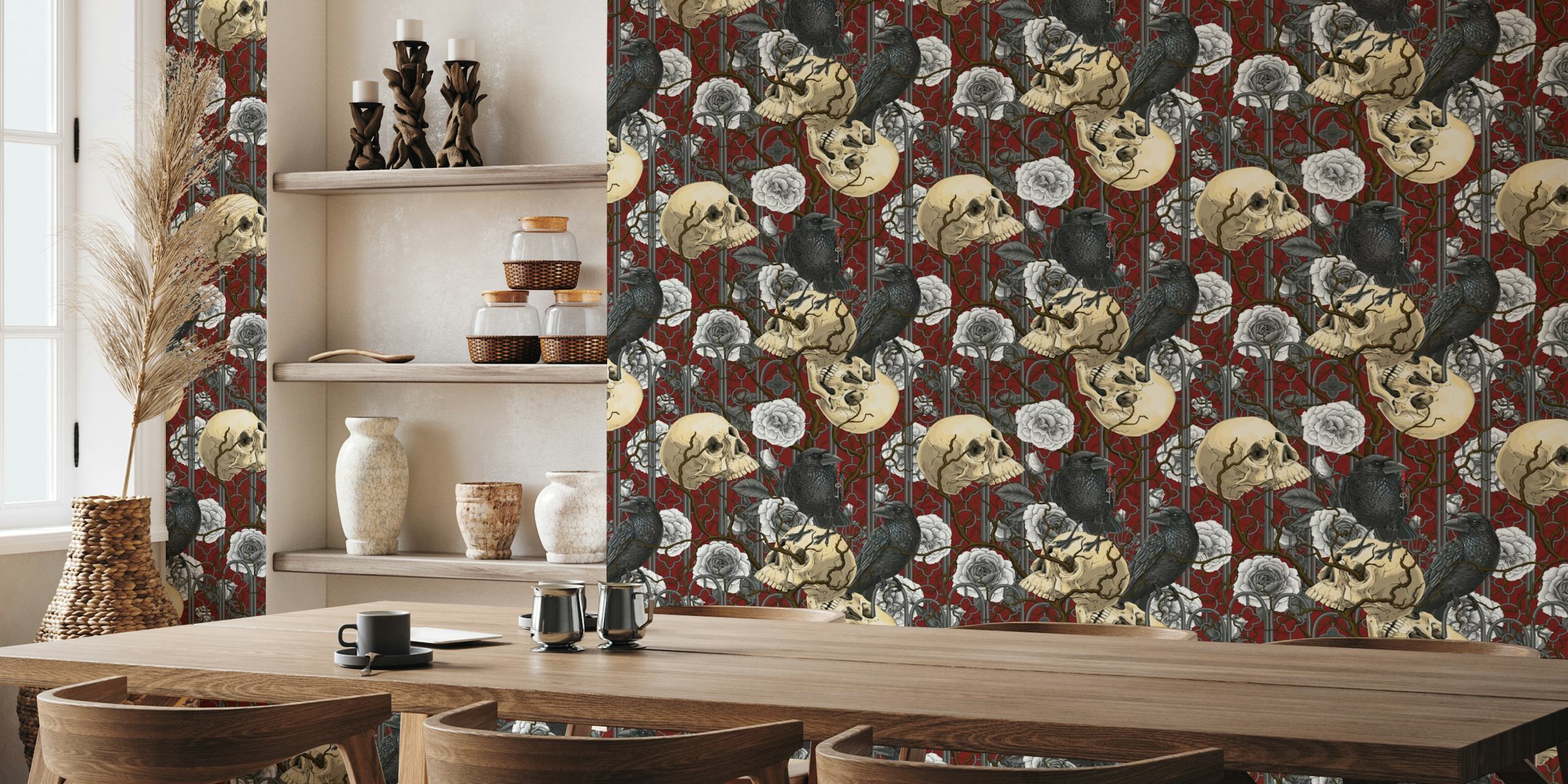 Gothic-inspired wall mural with skulls, roses, and ravens on a red background