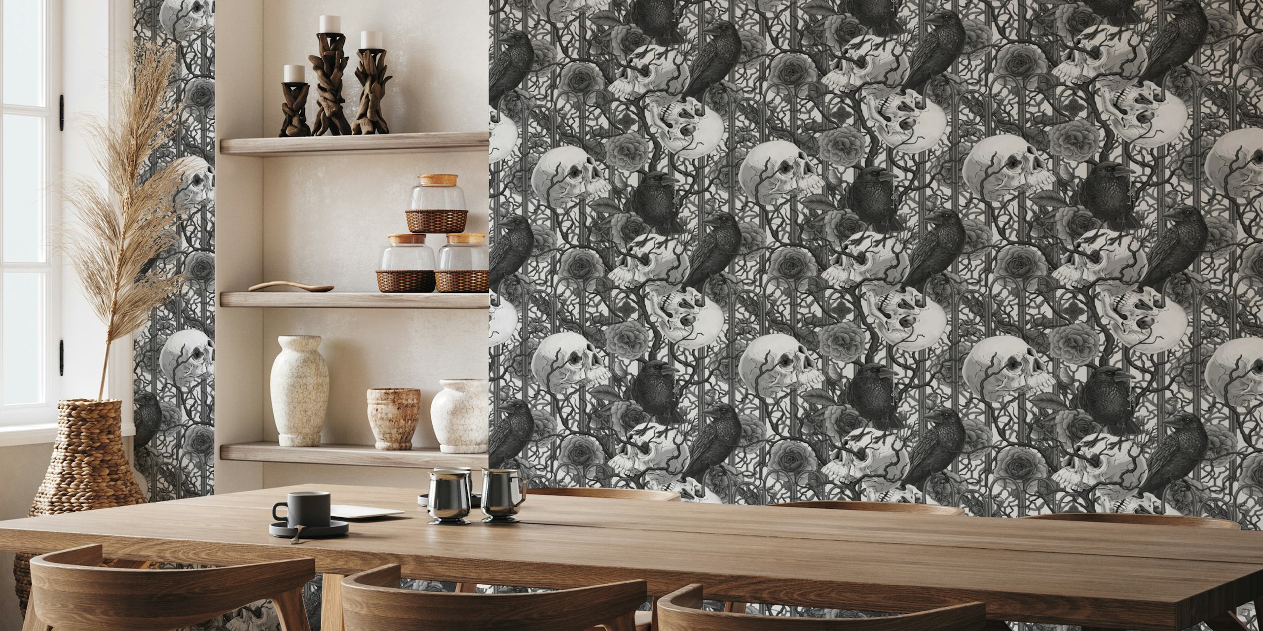 Raven's secret. Dark and moody gothic illustration with human skulls and roses, monocrome on white wallpaper