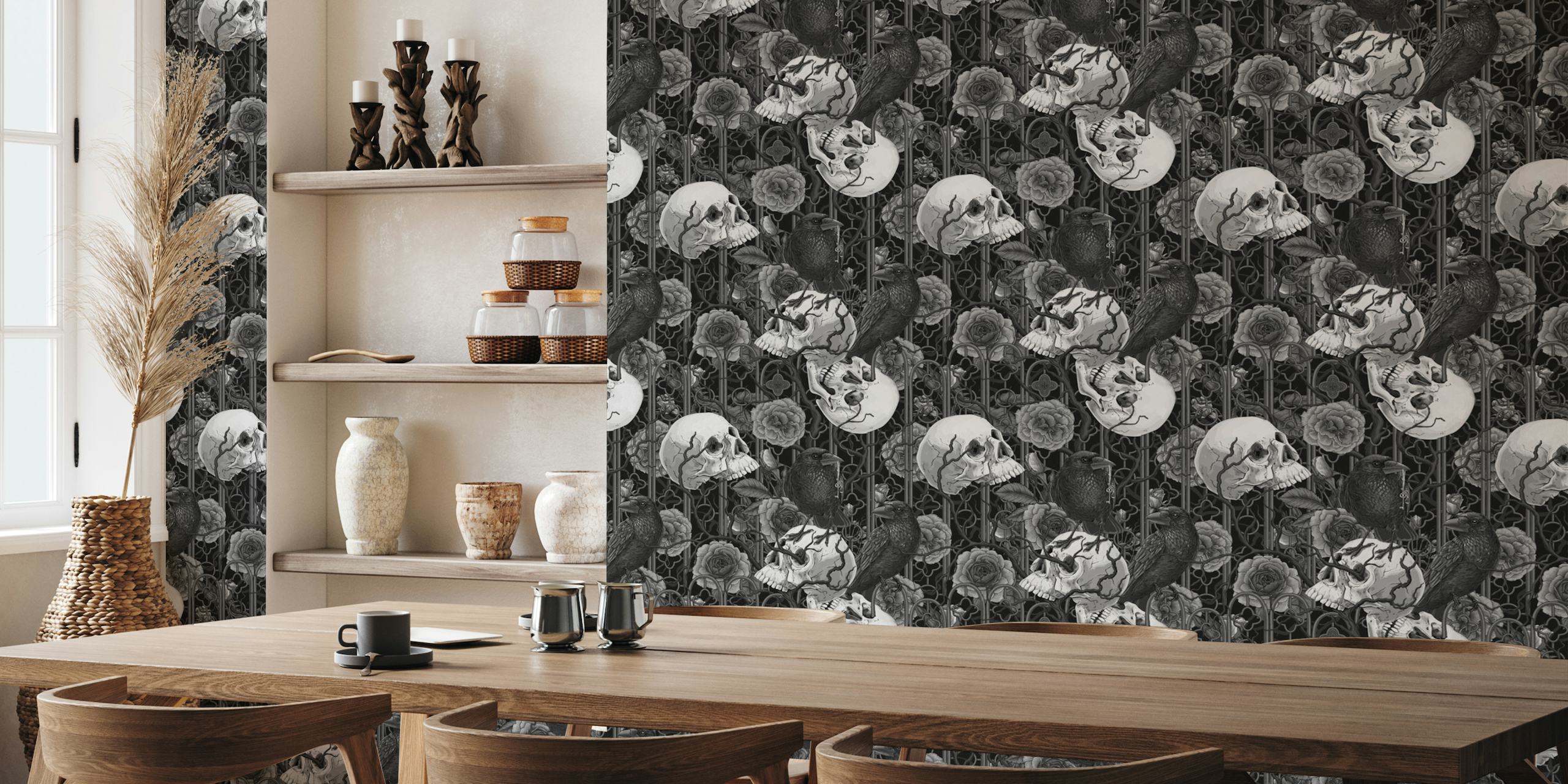 Raven's secret. Dark and moody gothic illustration with human skulls and roses wallpaper