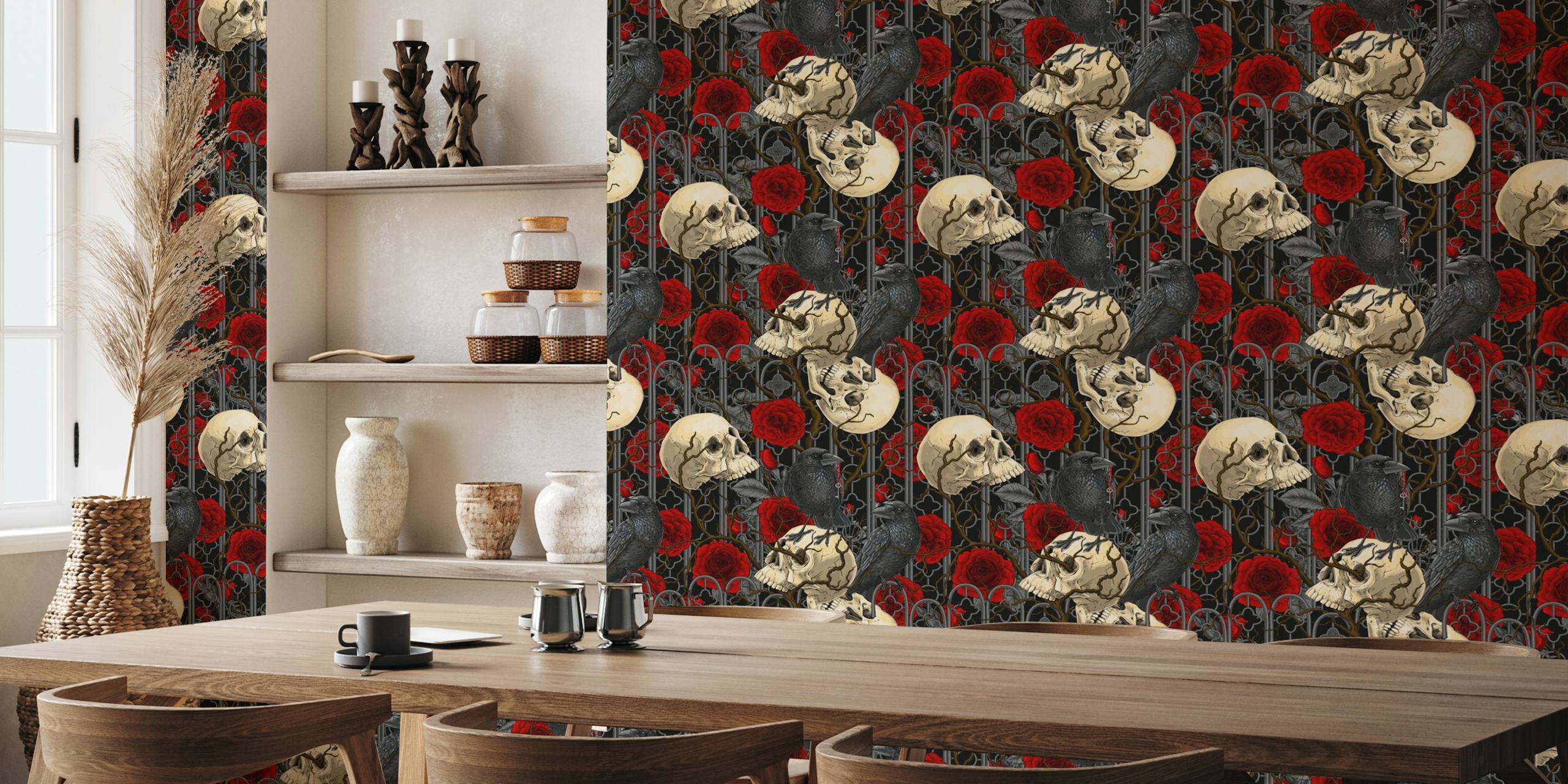 Gothic wallpaper design with ravens and skulls