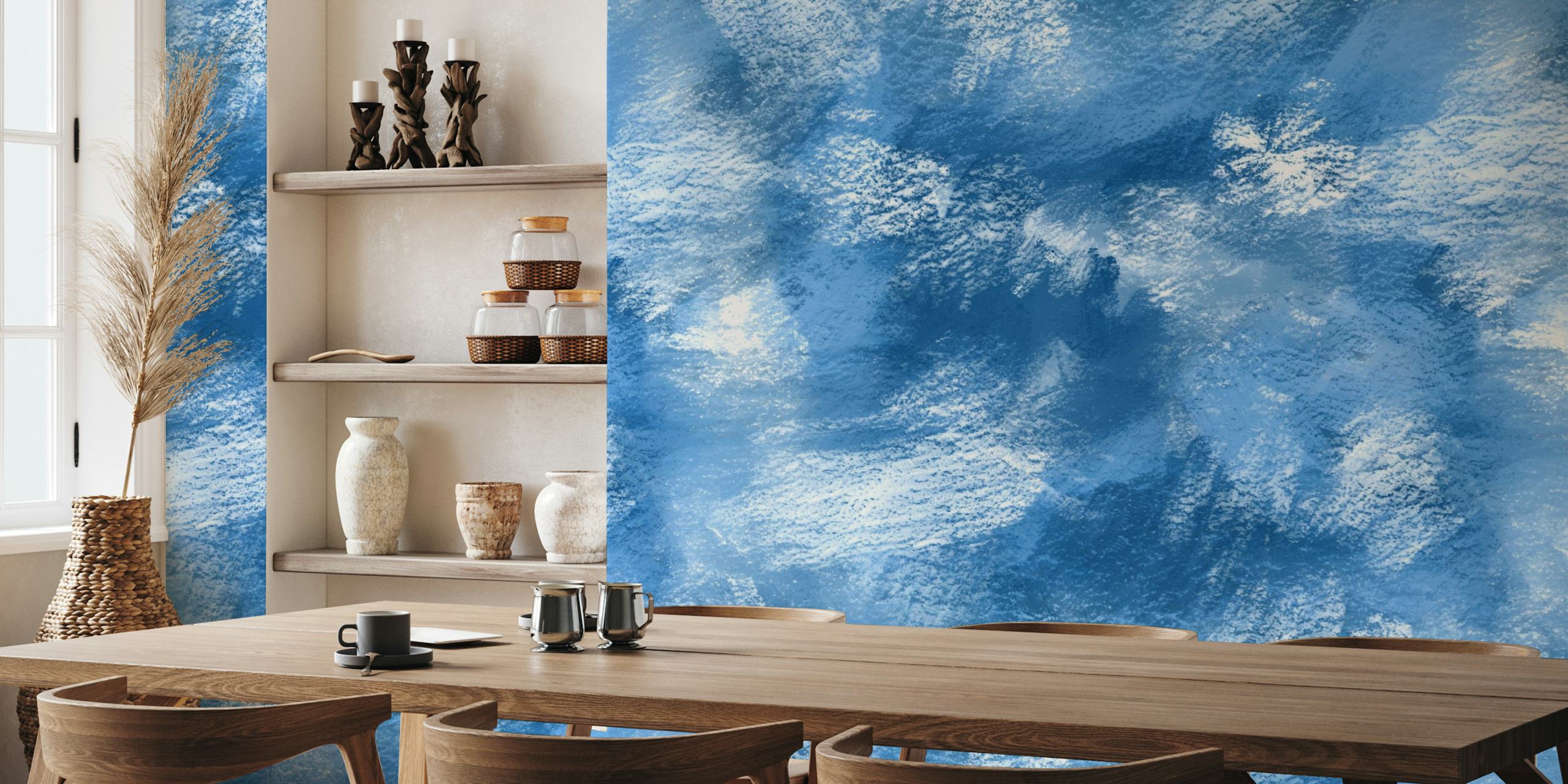 Blue painterly wallpaper displayed in a room