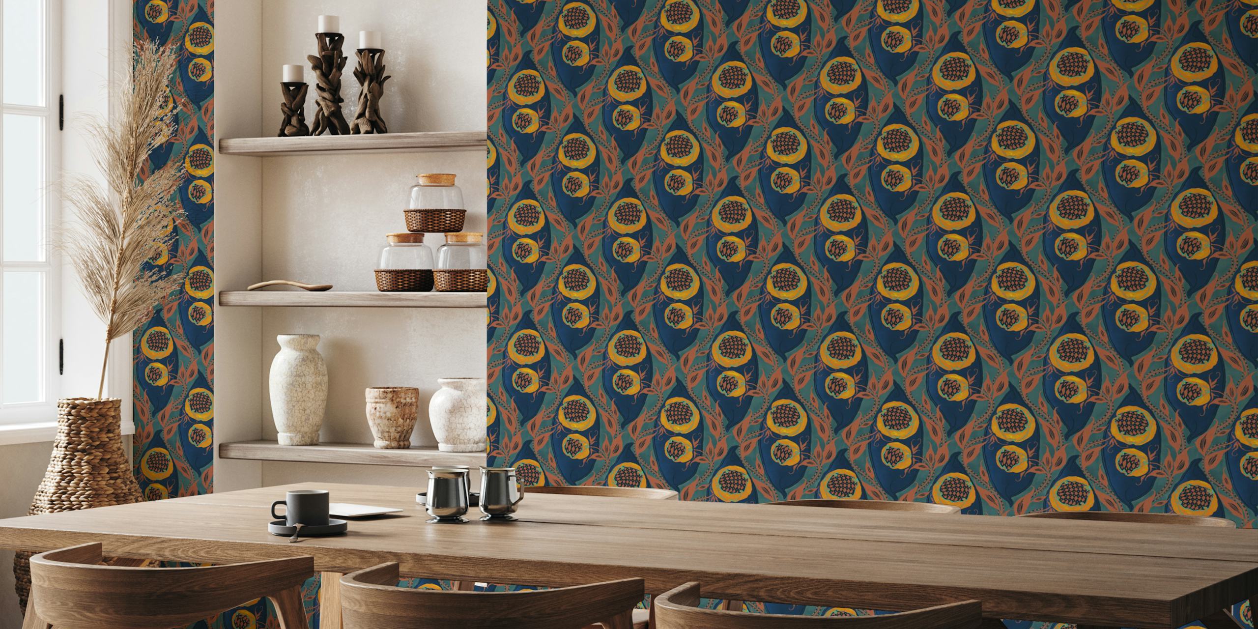 Mural de parede com padrão verde-azulado, ferrugem, amarelo e azul marinho inspirado em Samarcanda