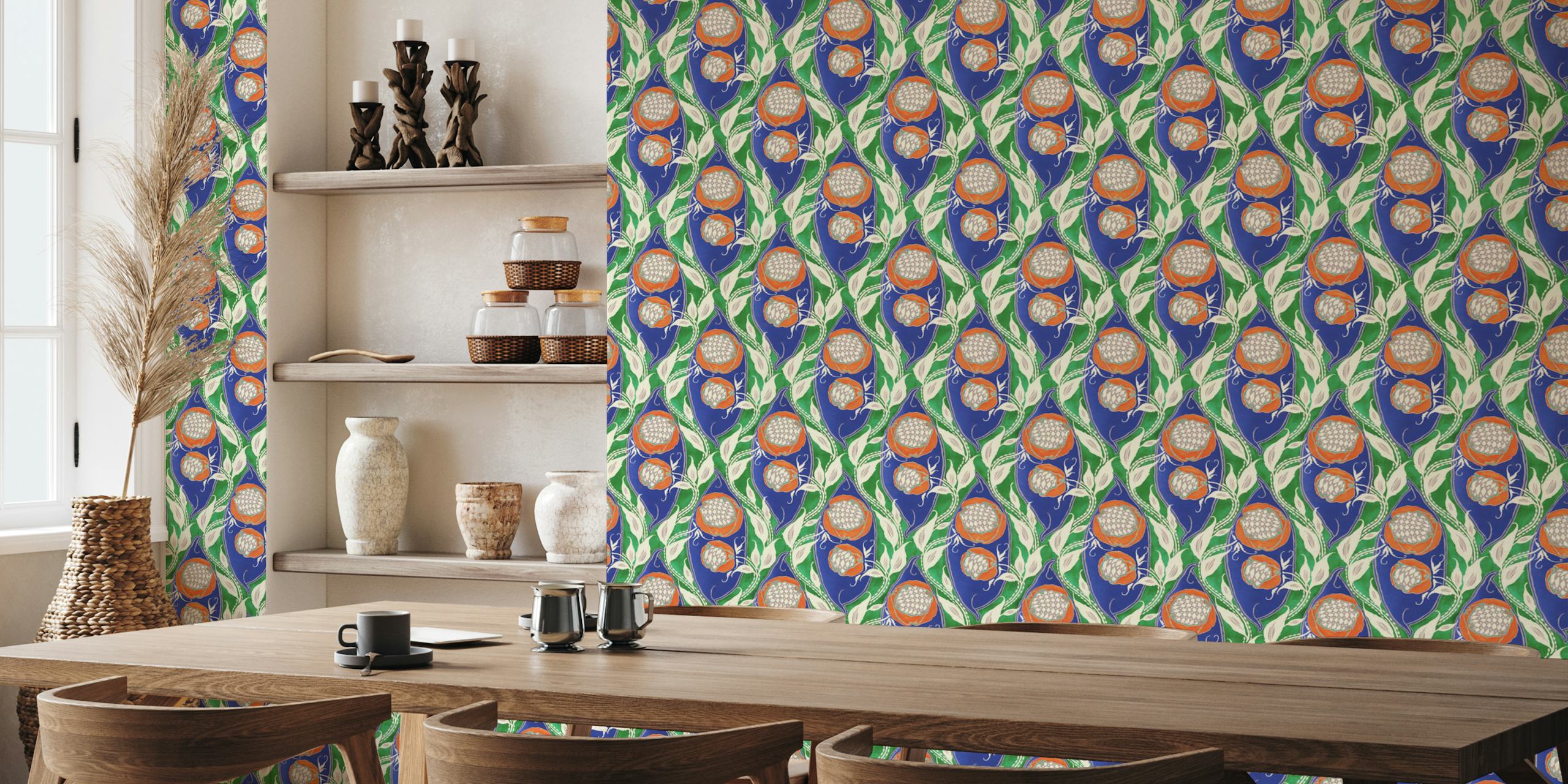Artistic Samarkande wall mural with cobalt blue, jade green, and orange motifs