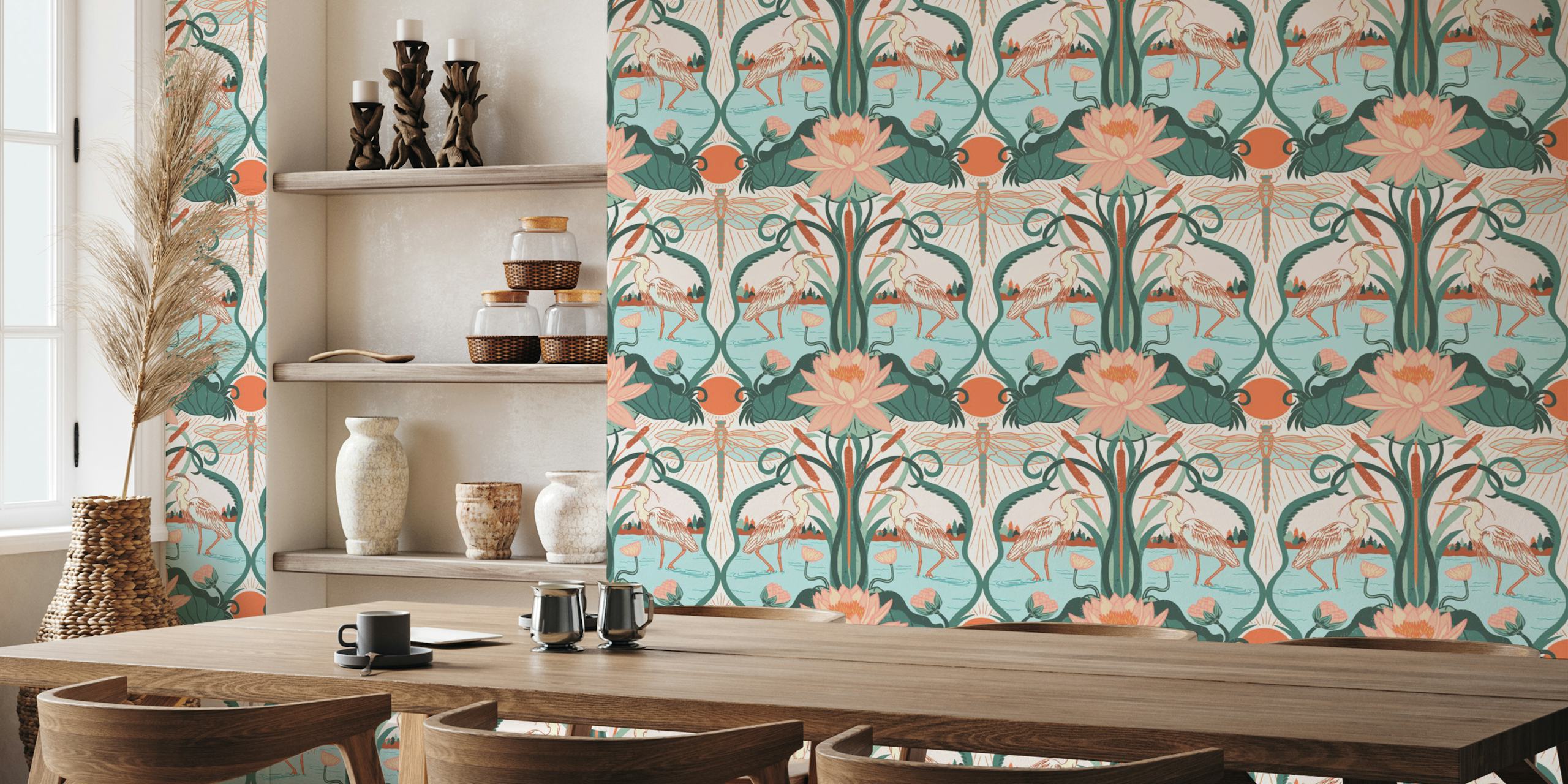 Heron and dragonflies by a lake with lotus flowers, pastel colors, illustrative wallpaper