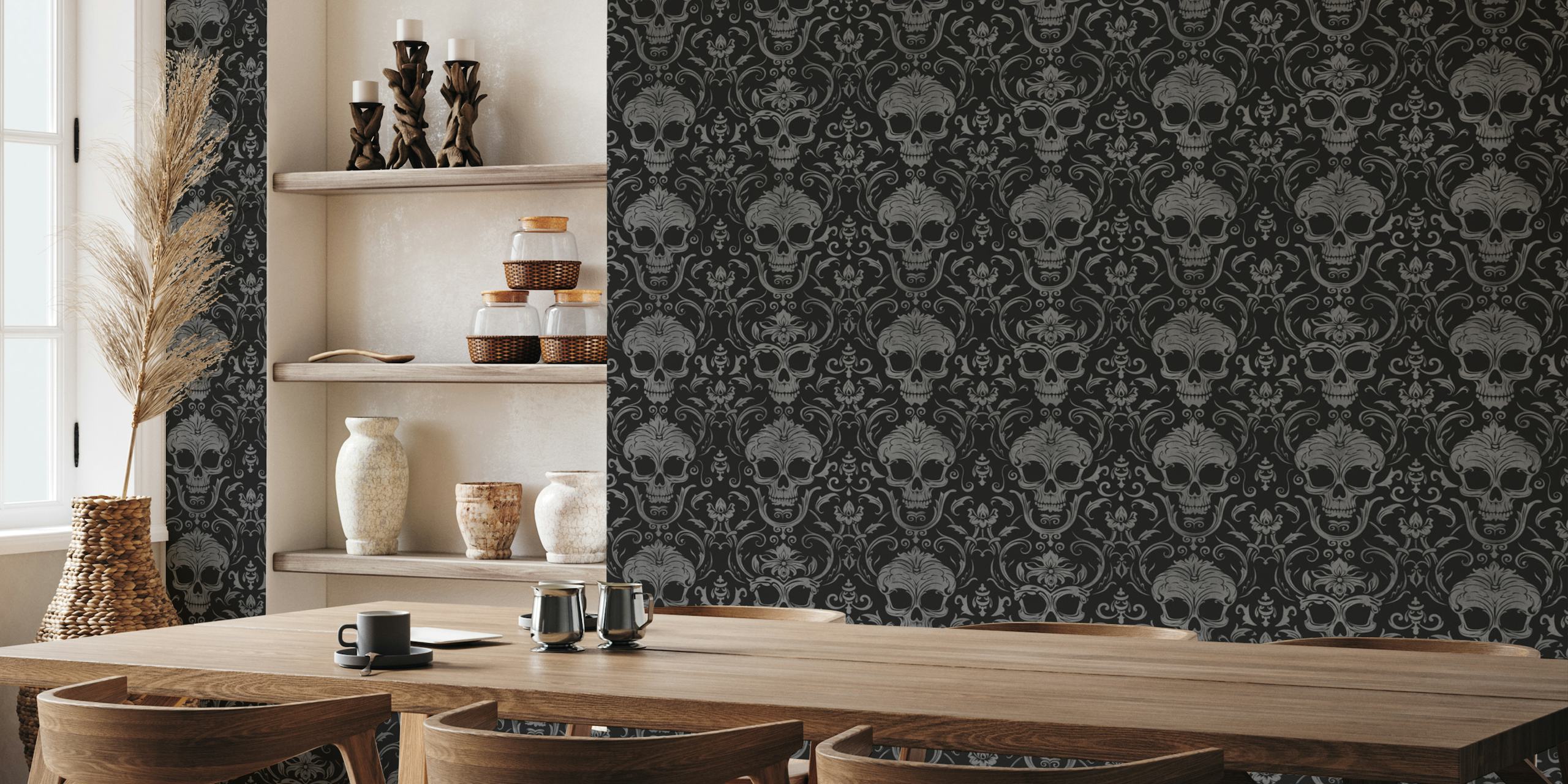 Dark Gothic Elegance Skull Damask Pattern Black Grey wallpaper