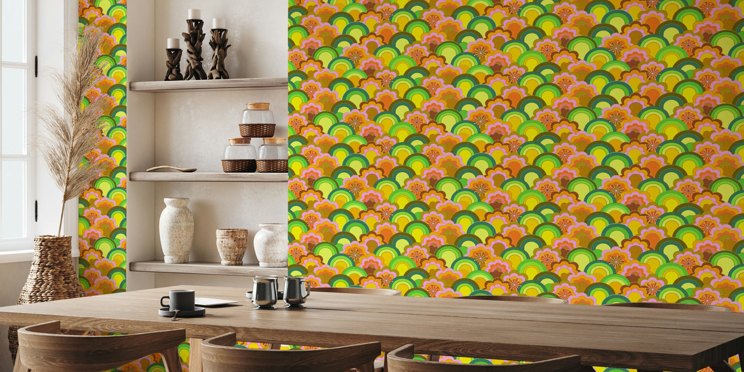 70s rainbow flowers textured small wallpaper