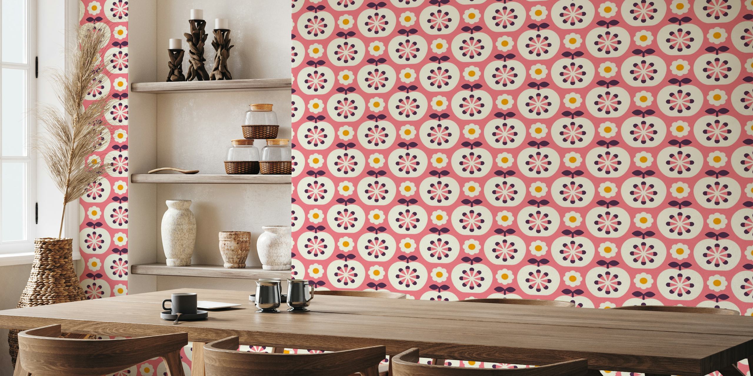 Retro style apples and flowers pattern in pink for wall mural