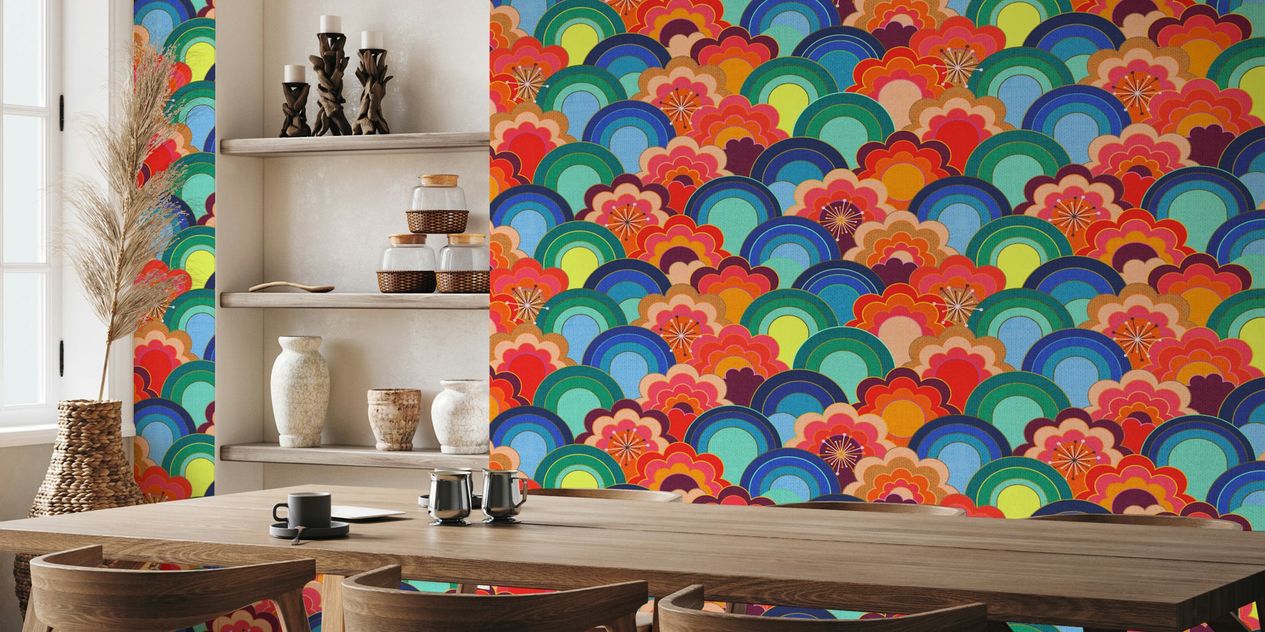 Colorful 70s flower wallpaper in a room setting