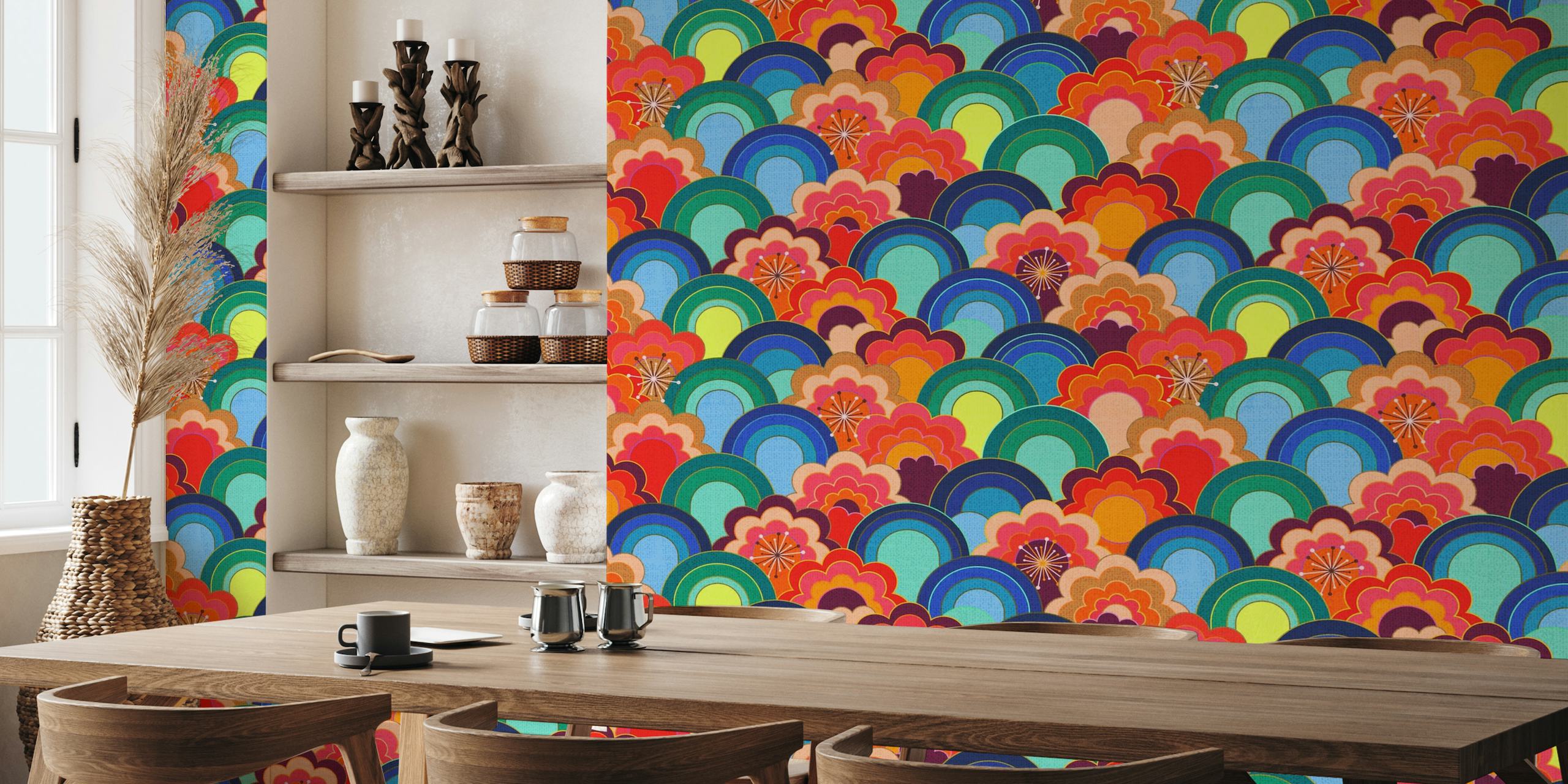 70s rainbow flowers sunset colors large wallpaper