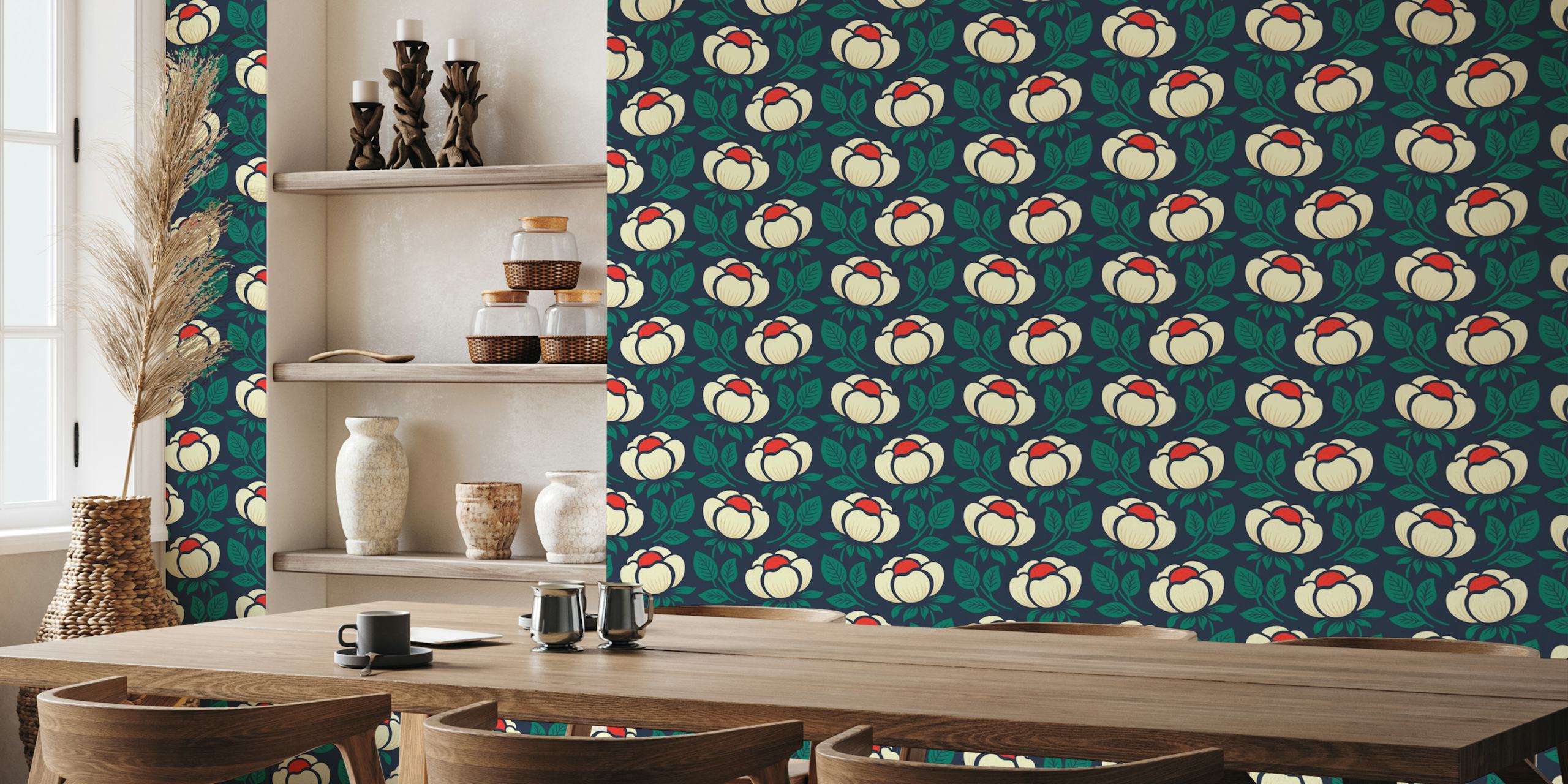 2804 A ένα vintage floral peonies τοίχου μωσαϊκό σε σκούρο πράσινο φόντο
