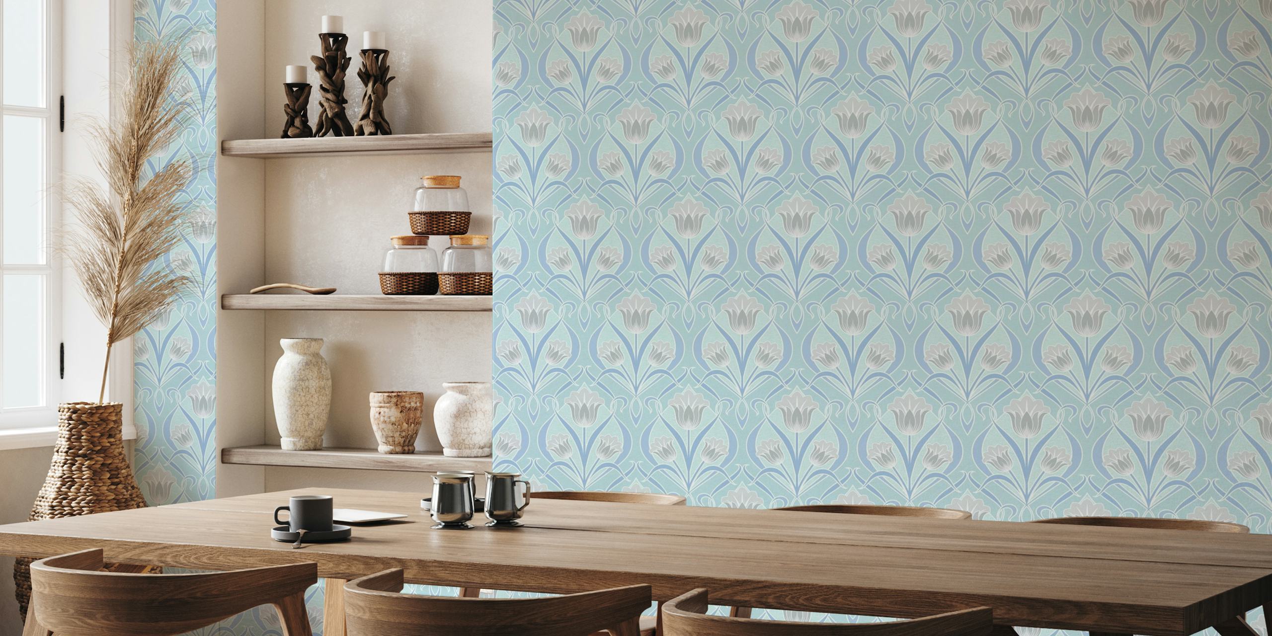 Art Nouveau style tulips wall mural in soft blue and grey
