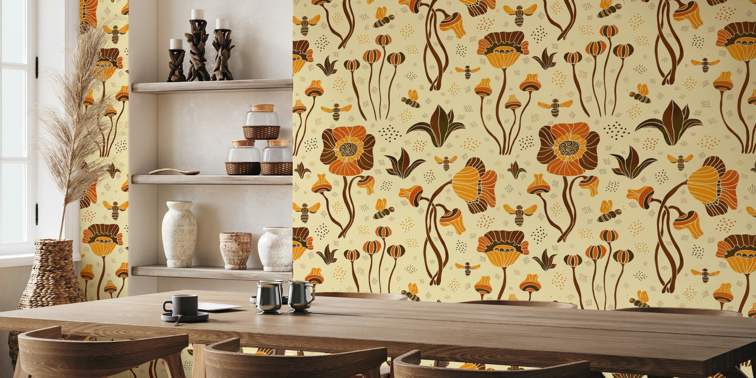 Flowers and bees orange retro garden wallpaper