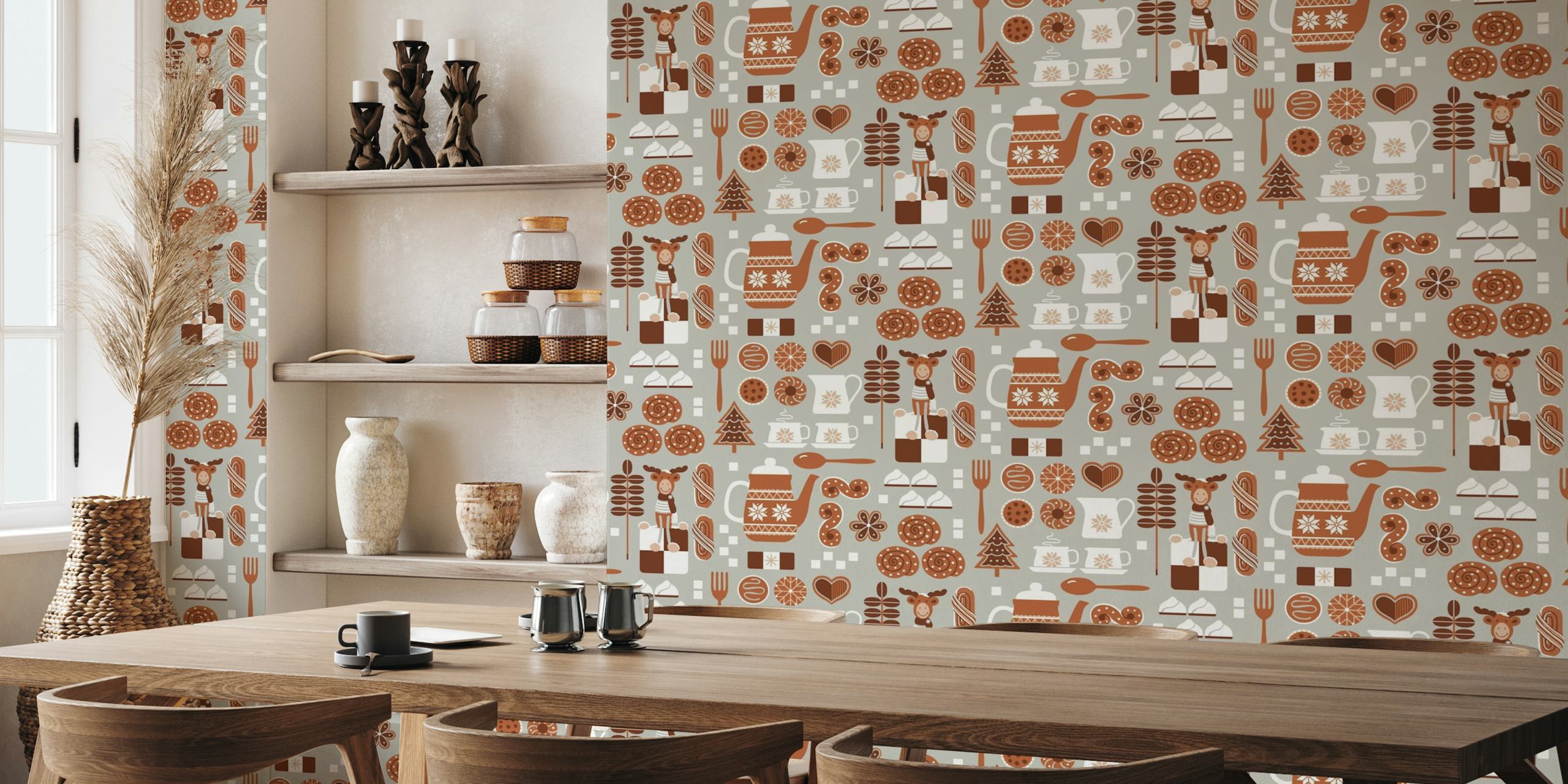Scandinavian-style Holiday Fika wall mural with teapots, cookies, and woodland animals in gray tones
