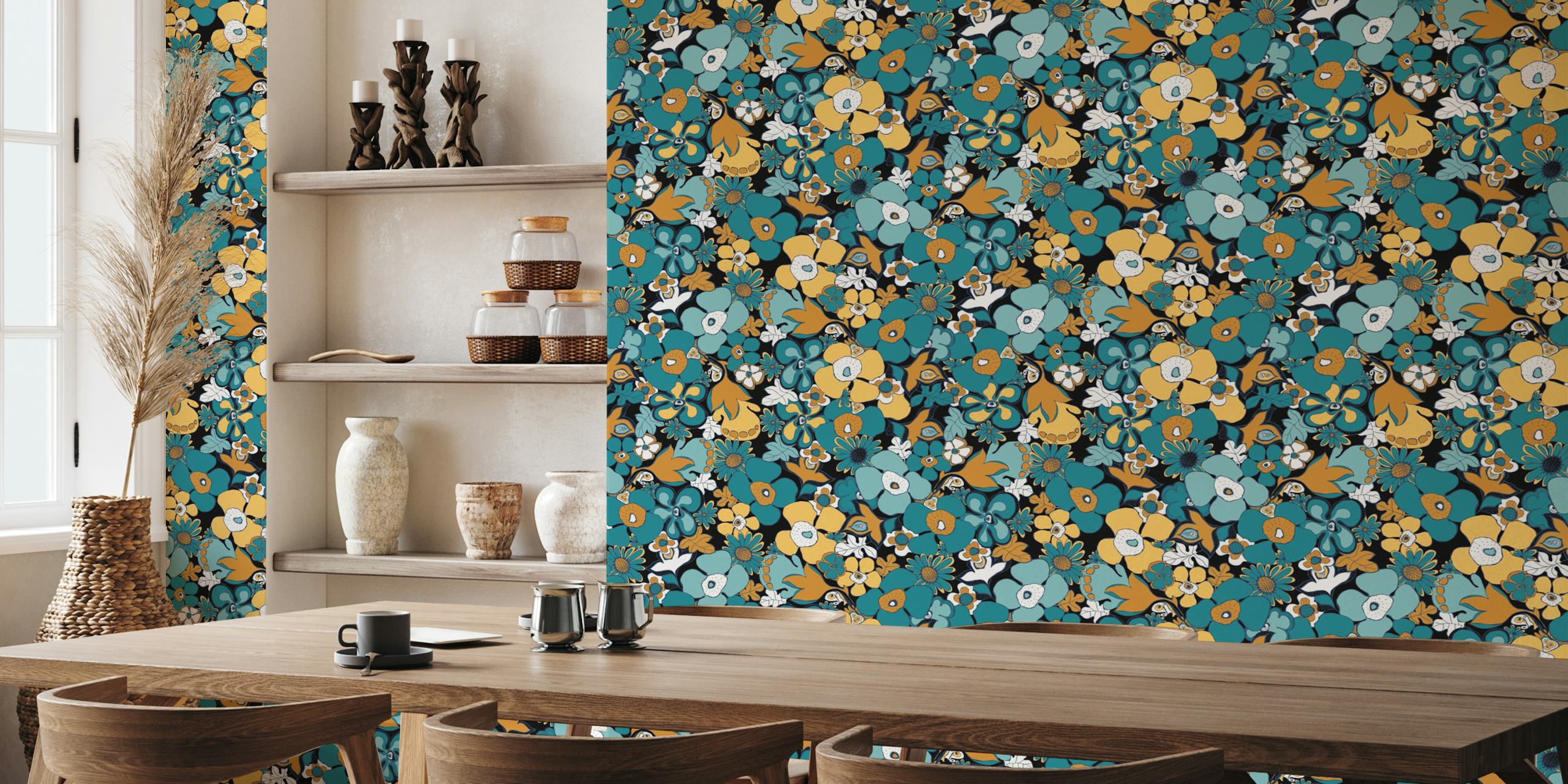 Floral doodles wallpaper pattern in teal and mustard