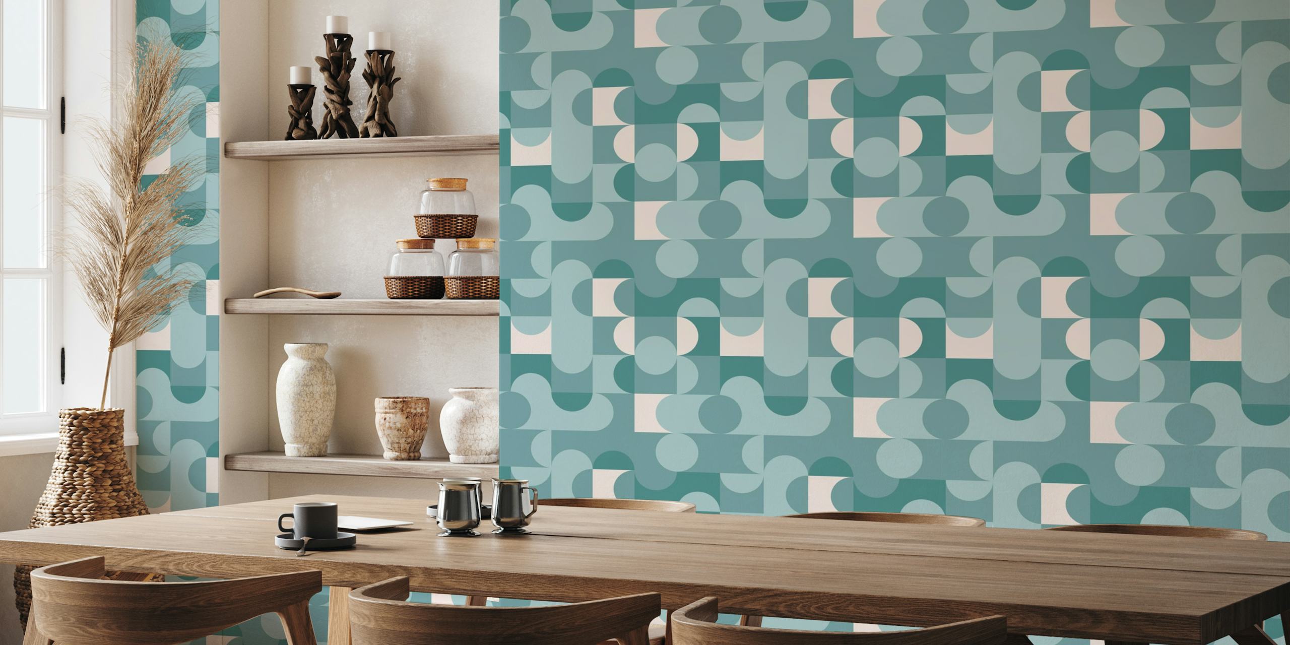Geometric Retro Shapes Pattern Wall Mural in Teal and Beige