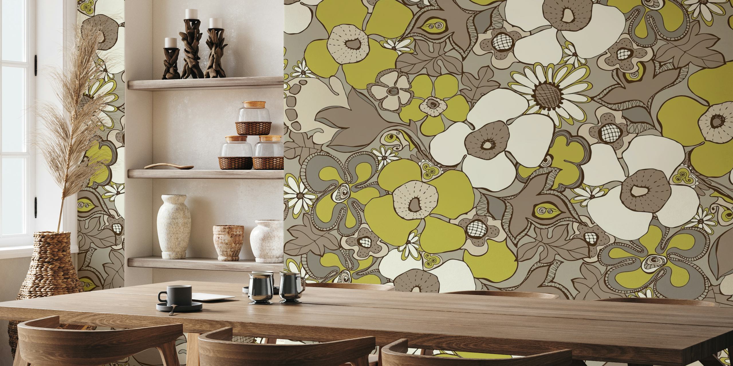 Floral Doodles pattern beige brown green papel de parede
