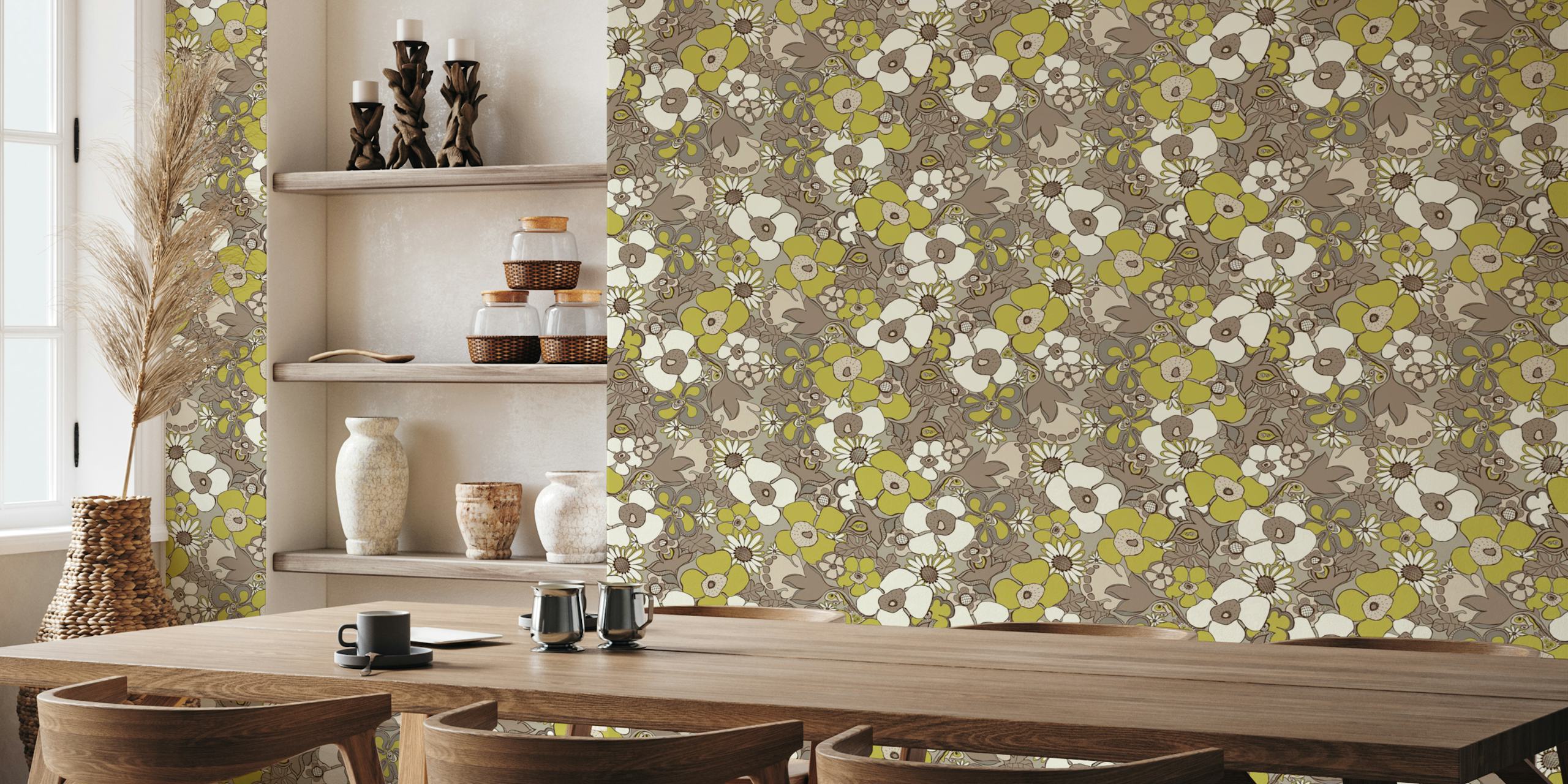 Beige floral wallpaper with brown and green doodles
