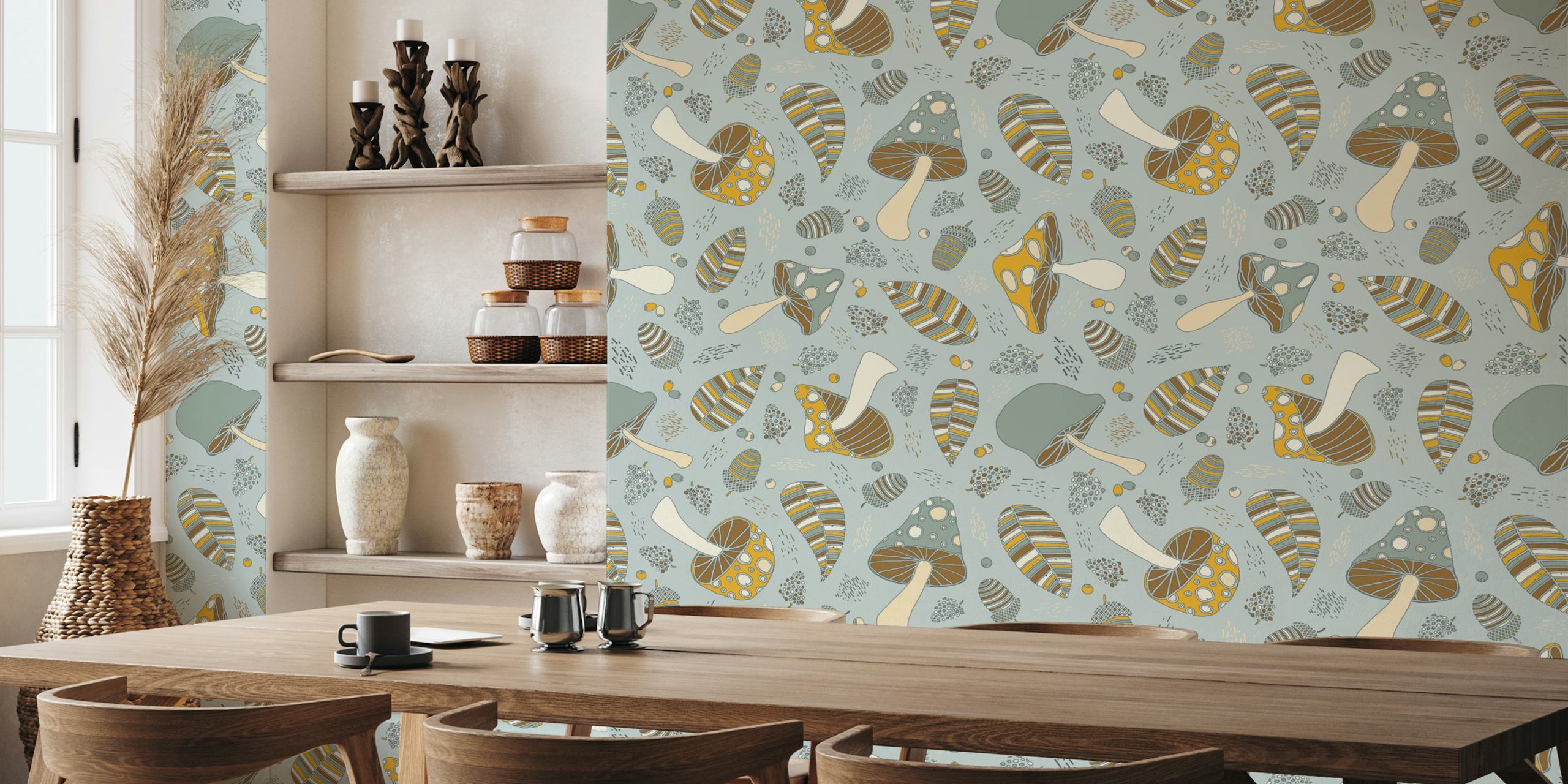 Autumnal fruits and mushrooms wallpaper dans une pièce