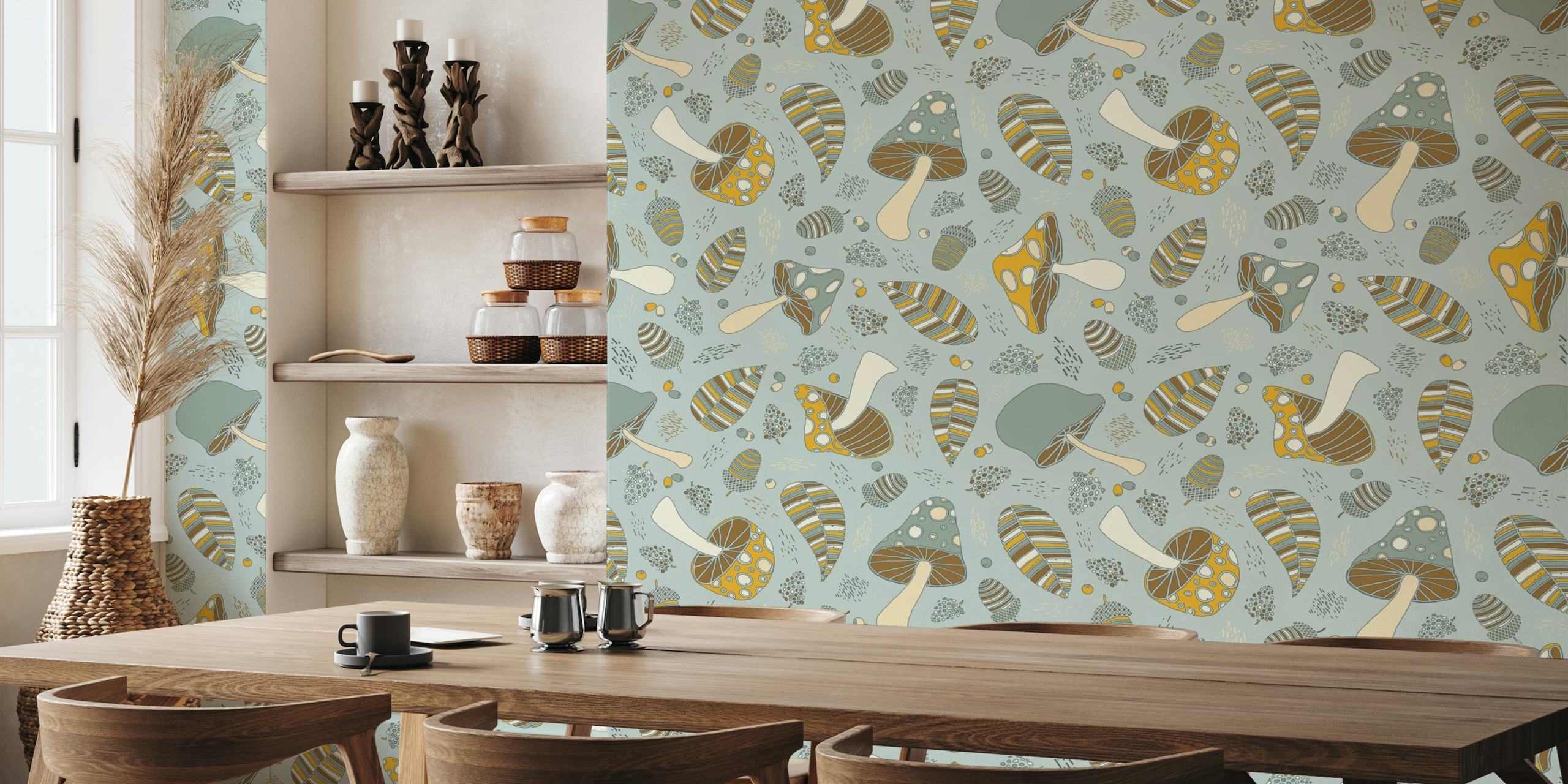 Autumnal fruits and mushrooms soft blue wallpaper