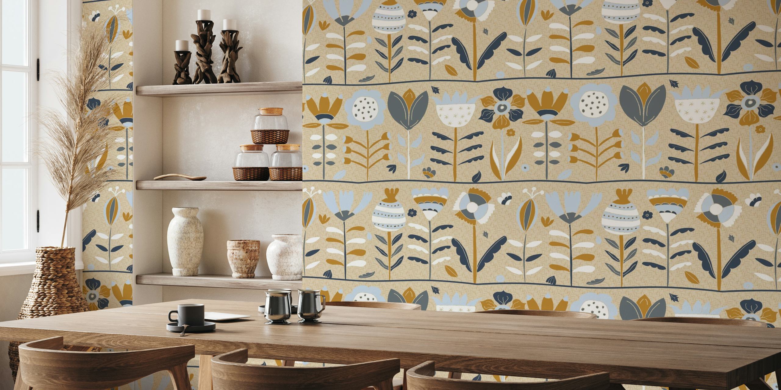 Bountiful Scandinavian Garden Navy and Mustard wallpaper
