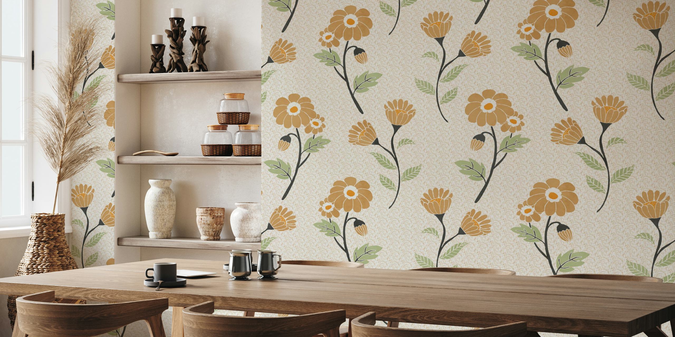 Fleurs jaunes et vertes sur fond beige, style rétro wallpaper