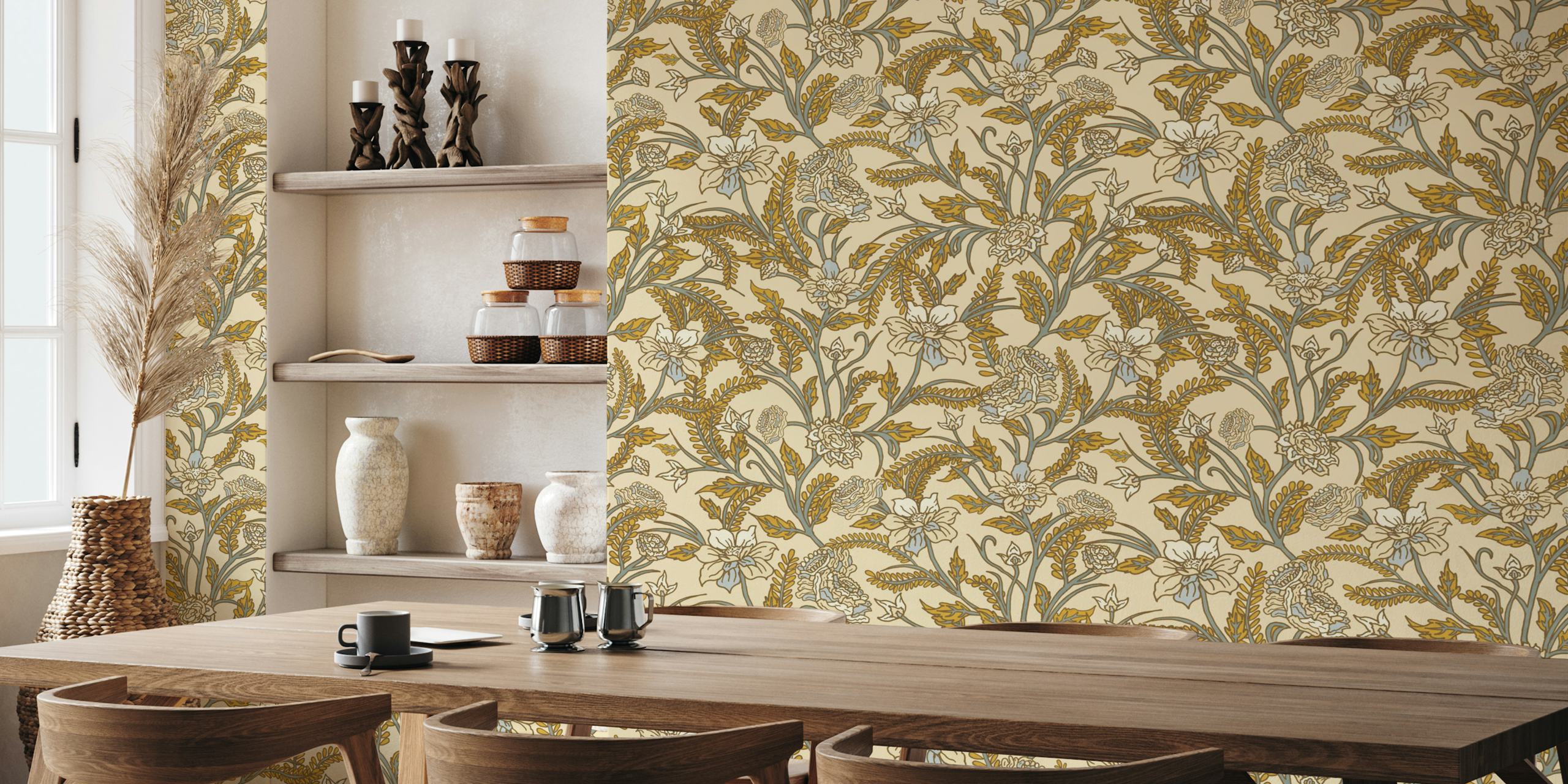 Beautiful blue and mustard retro roses wallpaper