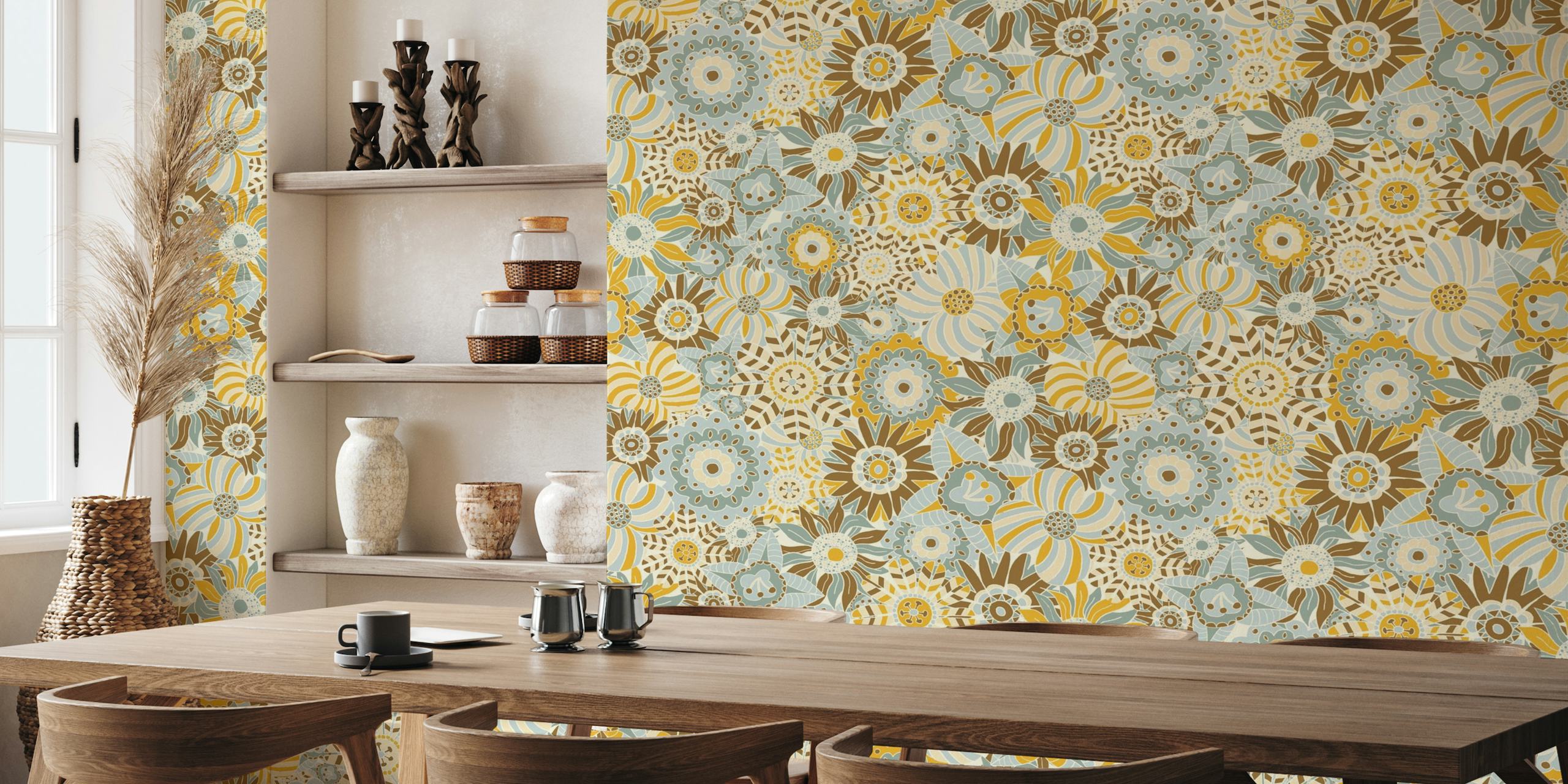 Maximalist Floral Garden Yellow and Blue wallpaper