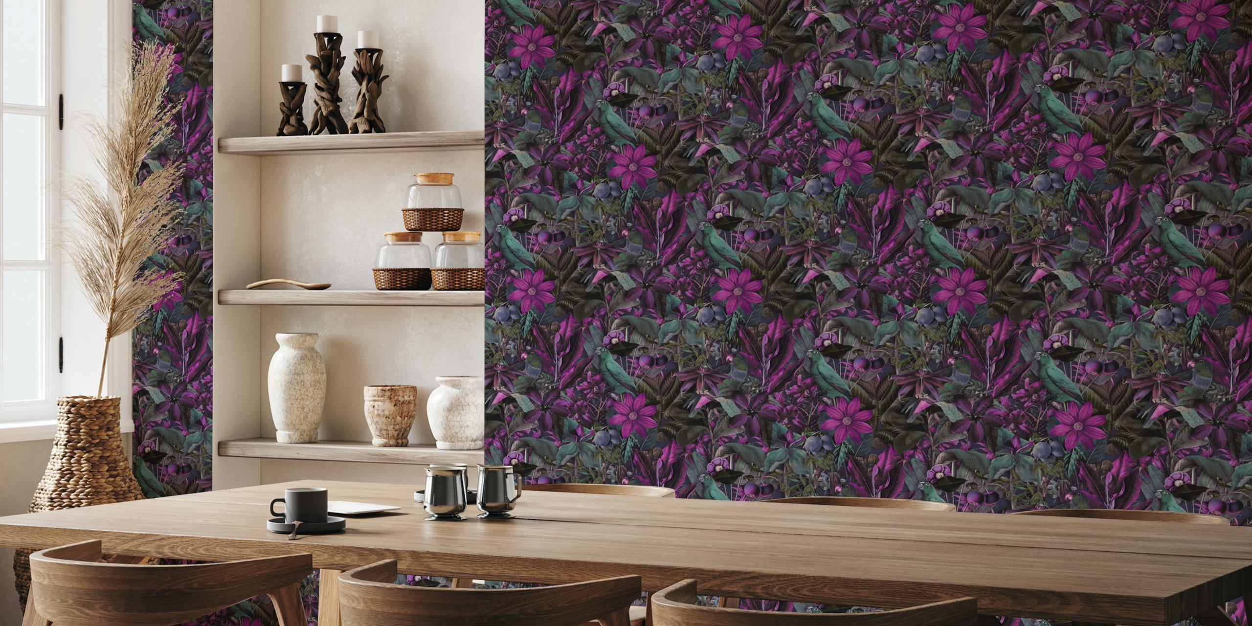 Tropical wallpaper featuring birds and flowers