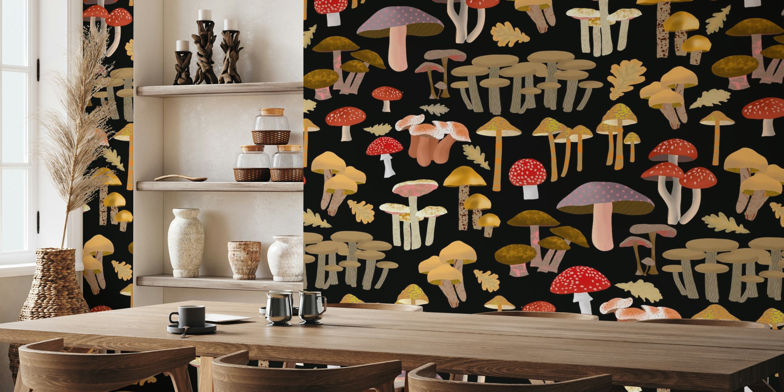 Colorful mushrooms on a black background wallpaper