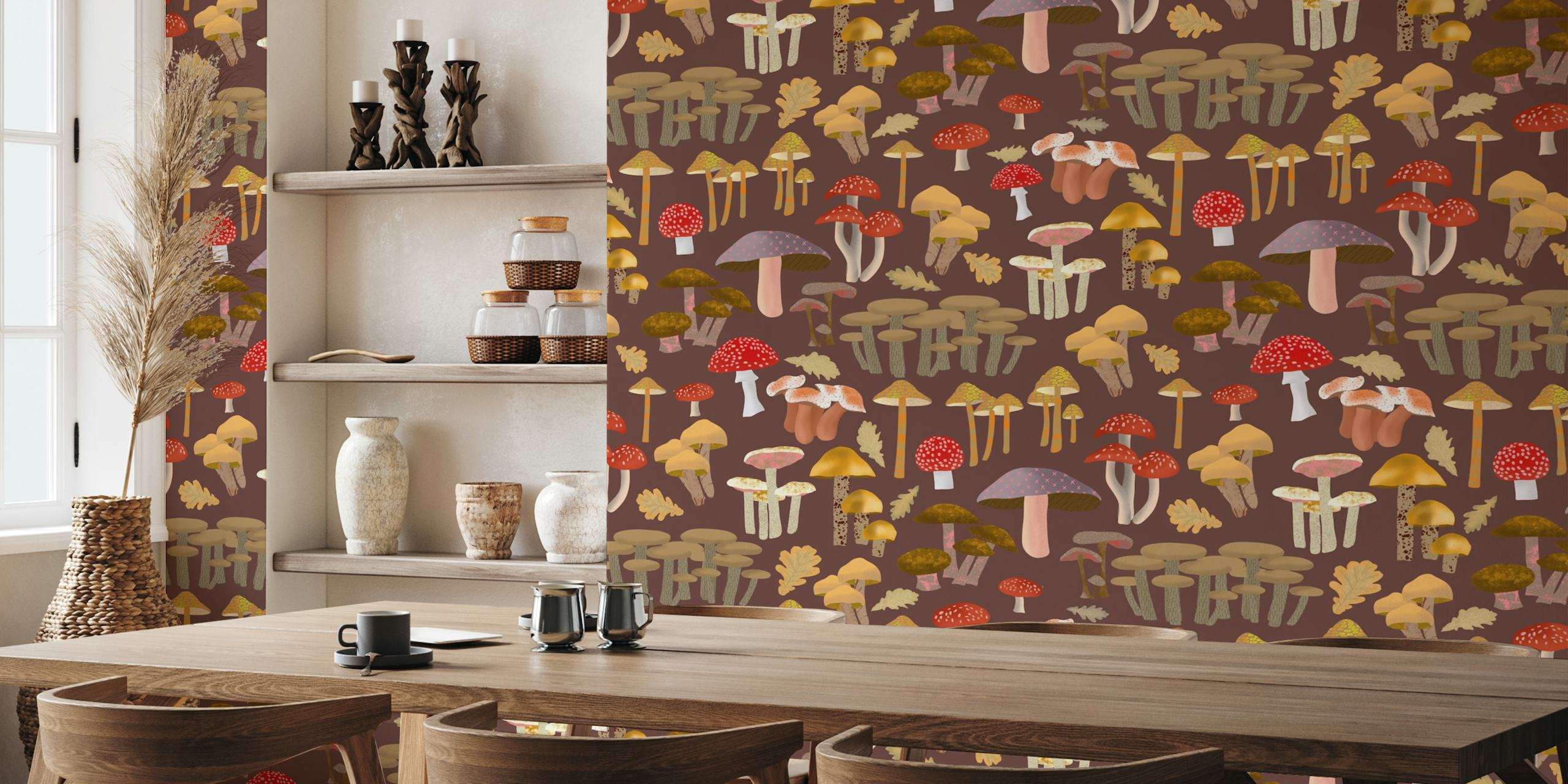 Colorful mushrooms with earthy tones on a dark background wallpaper