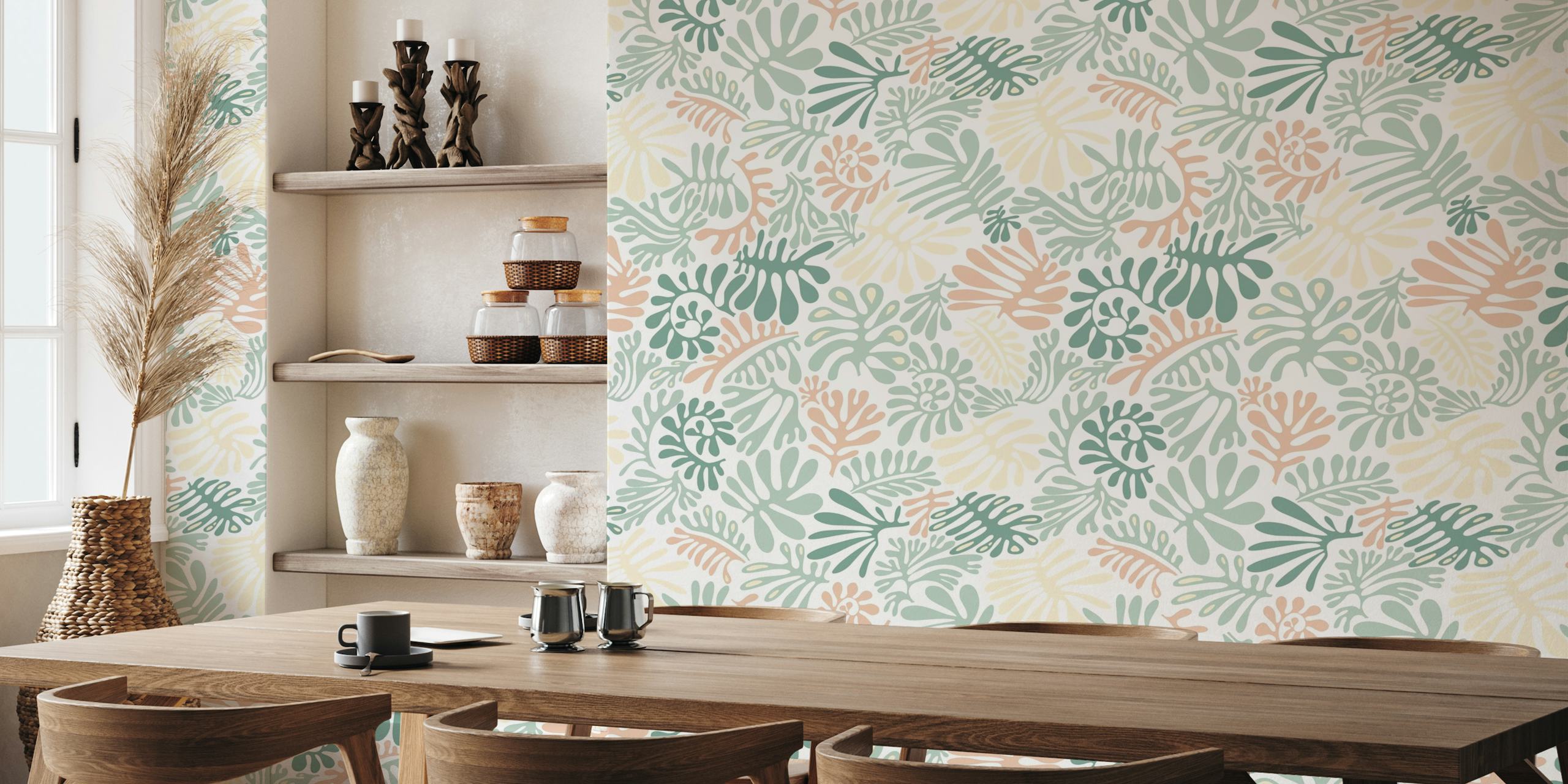 Matisse leaves pattern modern minimalistic pastel crayon soft colors wallpaper