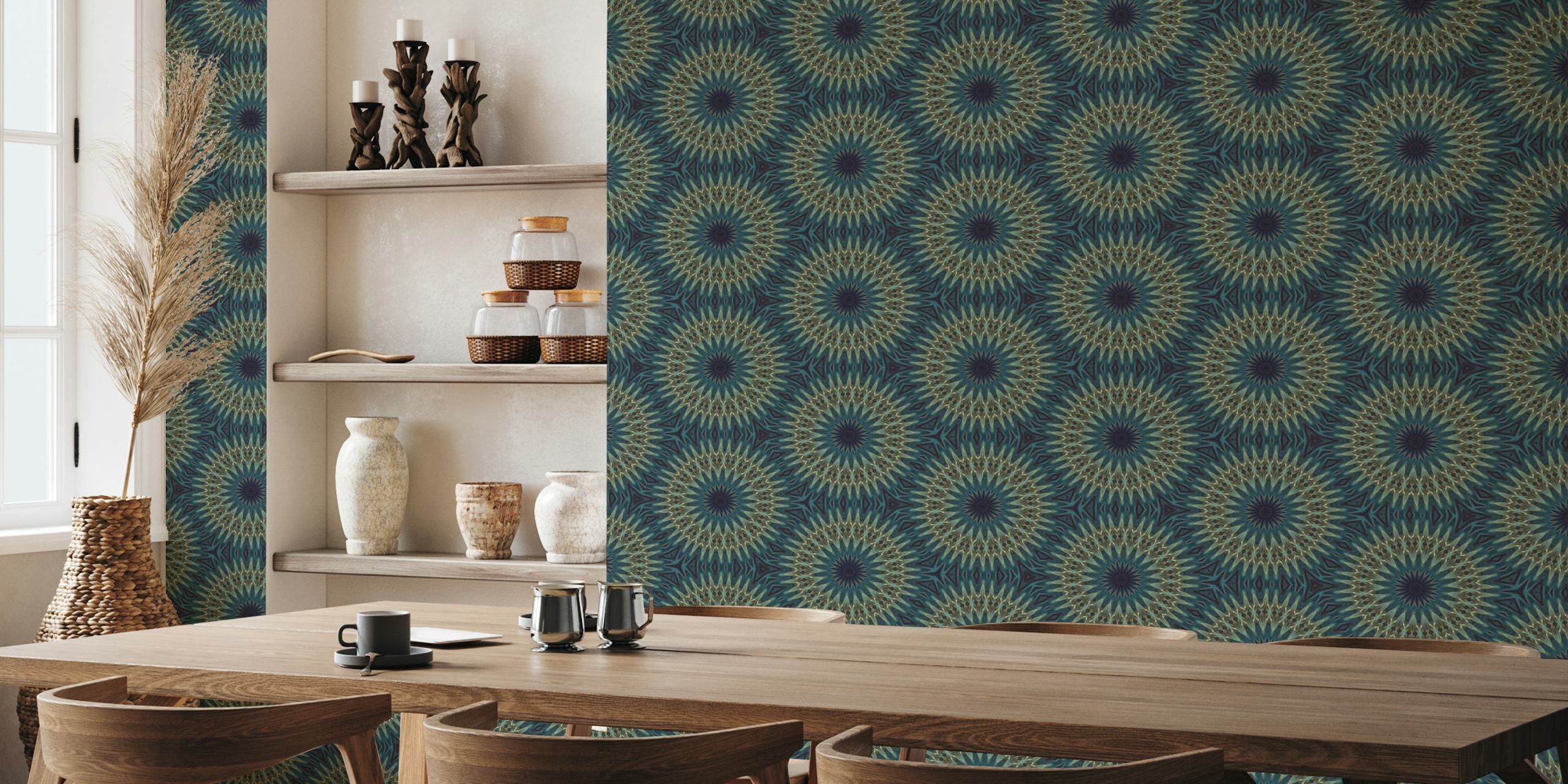 Teal and gold oriental patterned wallpaper in a room