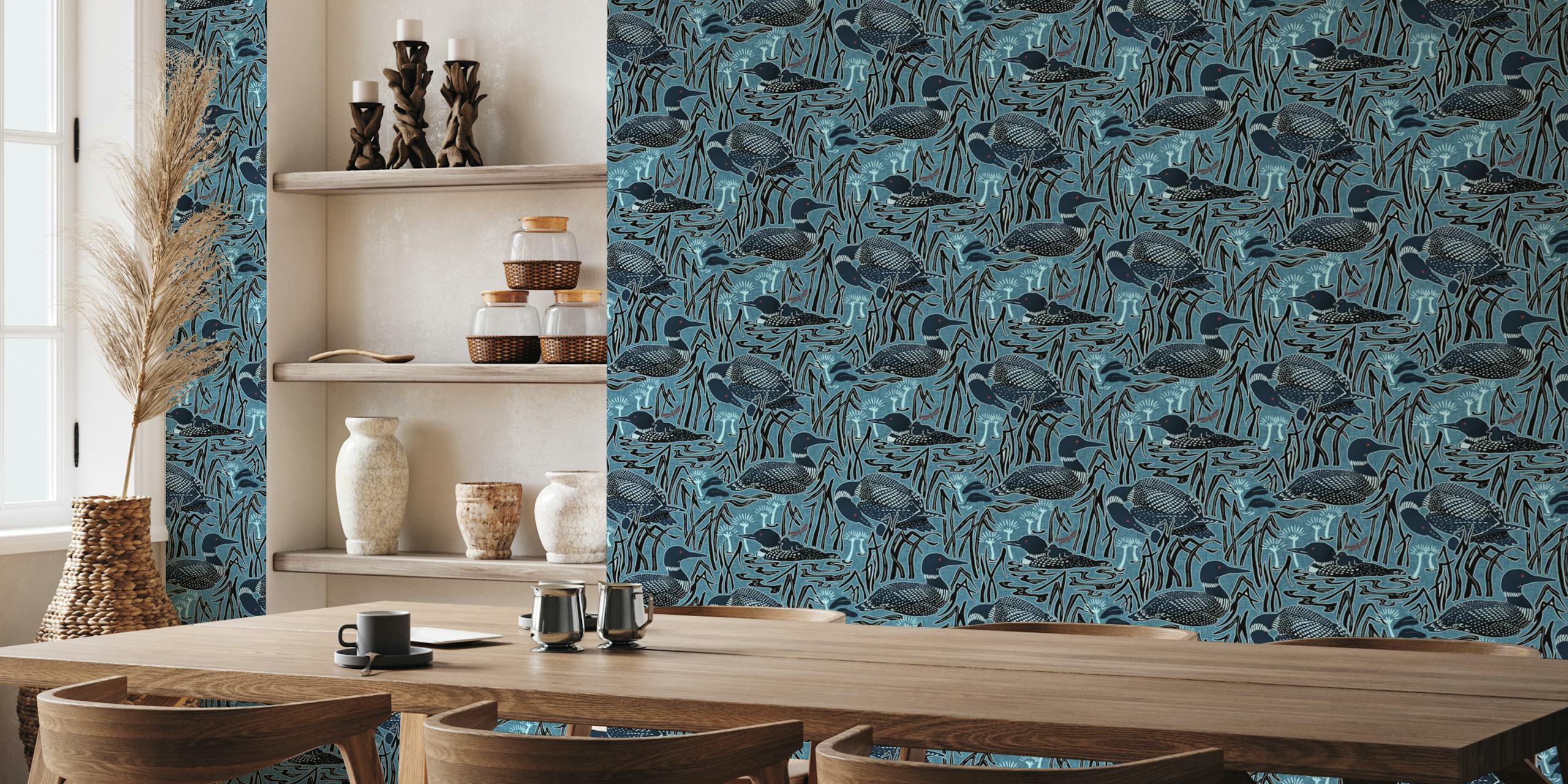 Blue loon wallpaper with lake, reeds, and water lilies